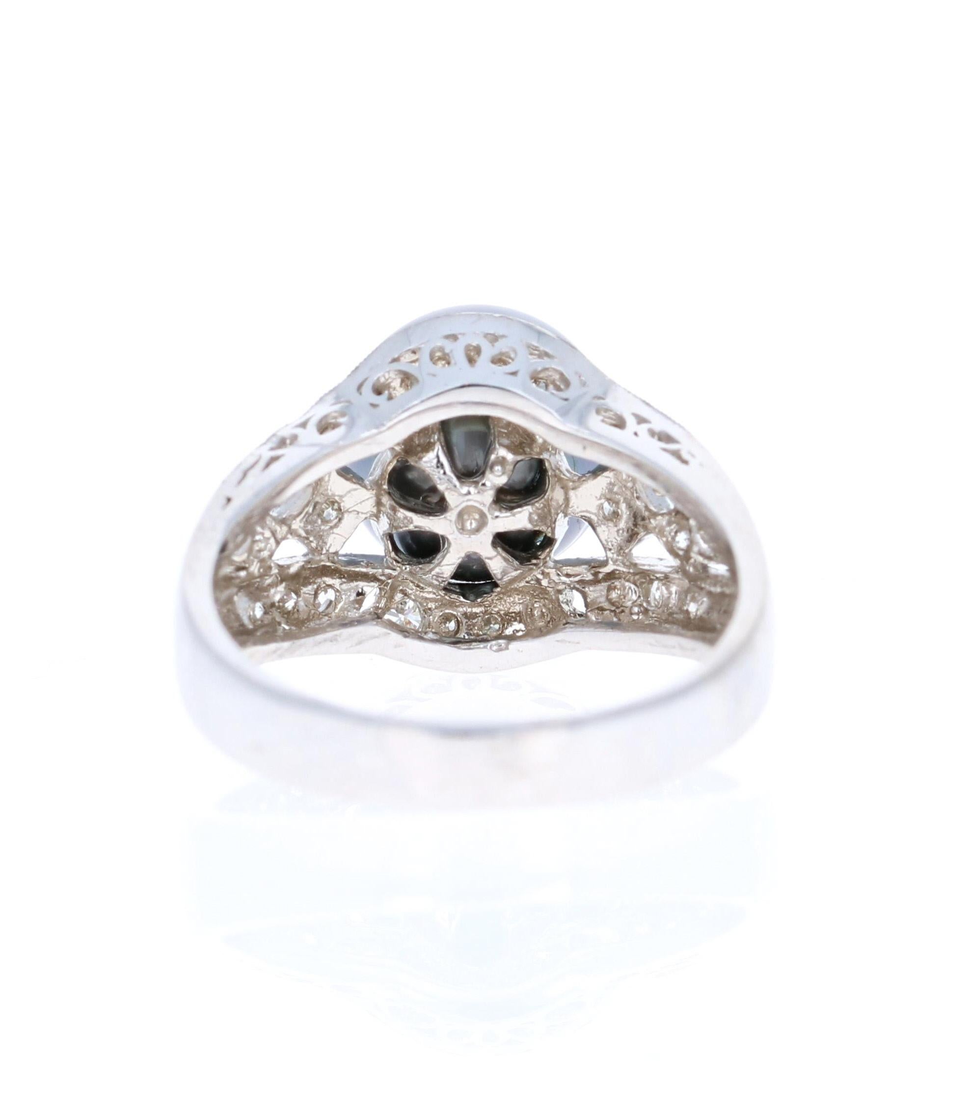 Modern 0.58 Carat Diamond and Tahitian Pearl 14 Karat White Gold Ring For Sale