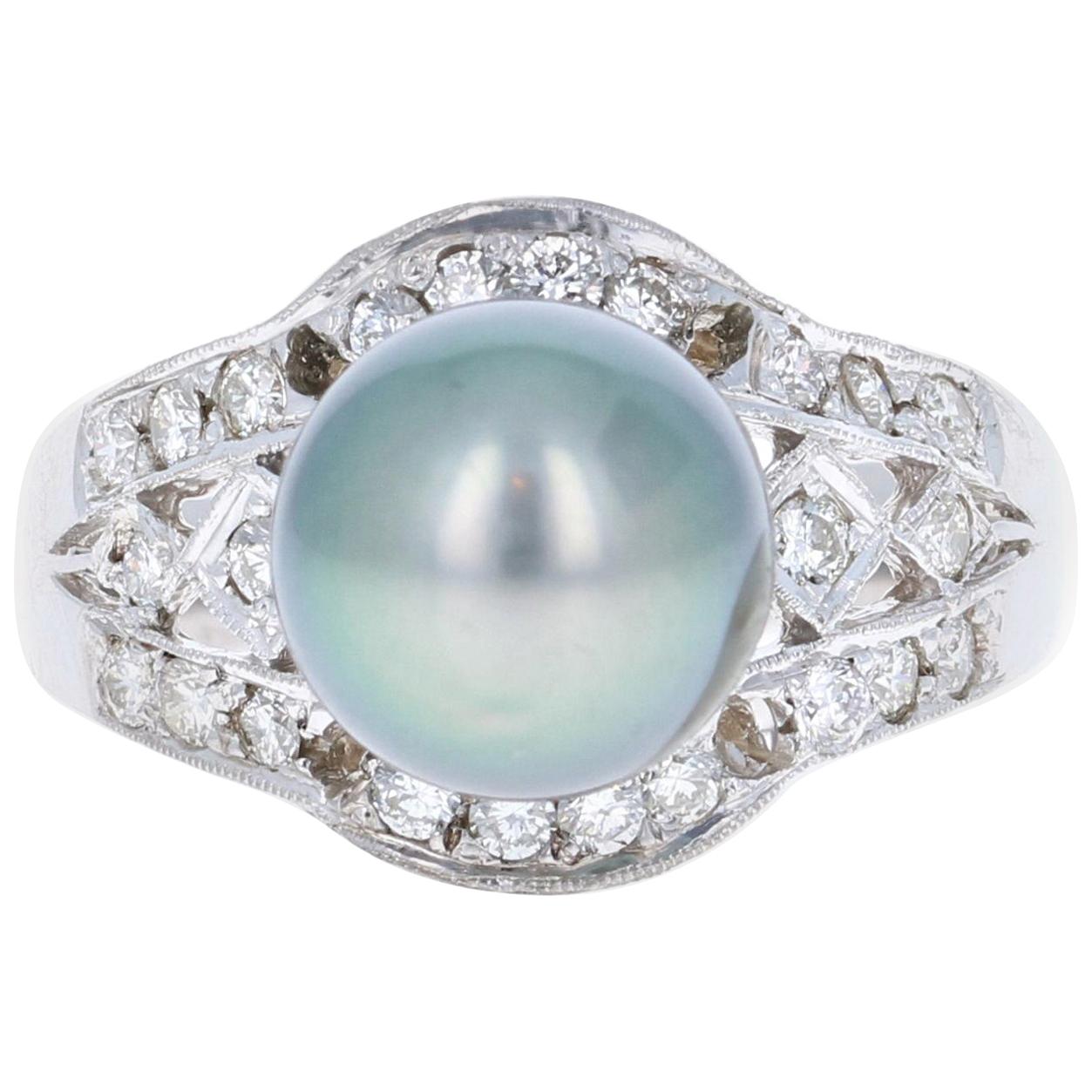0.58 Carat Diamond and Tahitian Pearl 14 Karat White Gold Ring For Sale