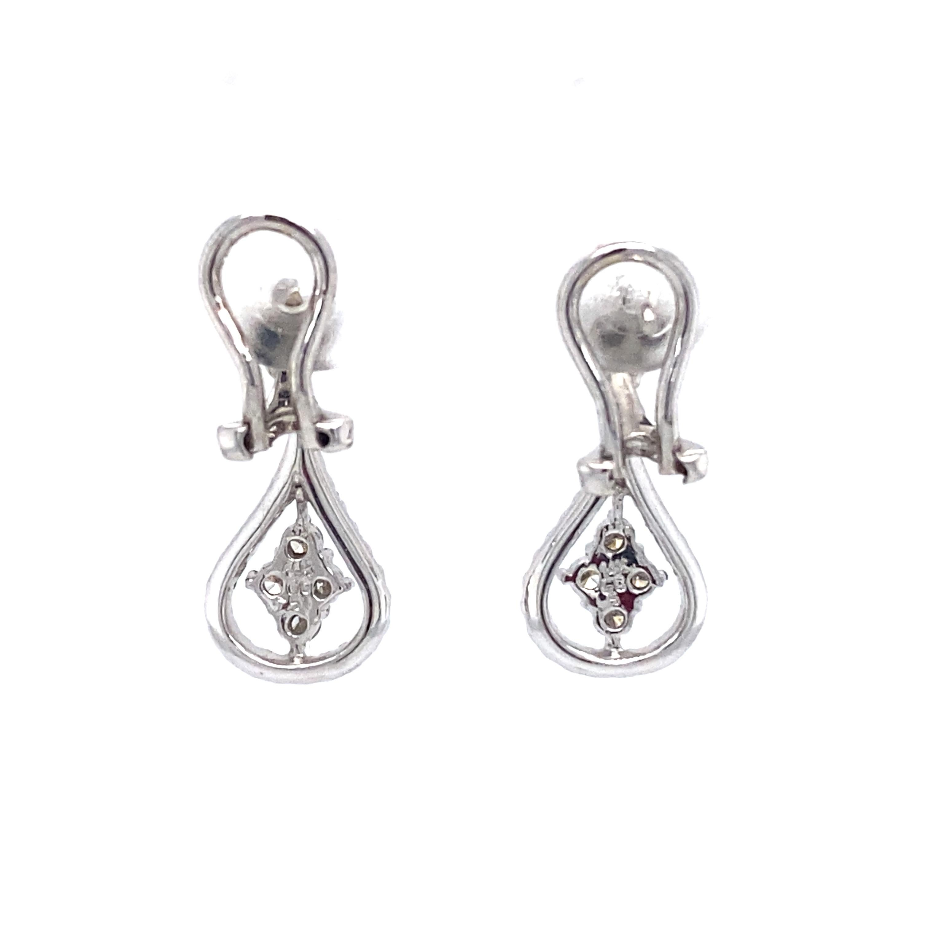 Modern 0.58 Carat Diamond Pear Shaped Dangle Earrings in 14 Karat White Gold For Sale