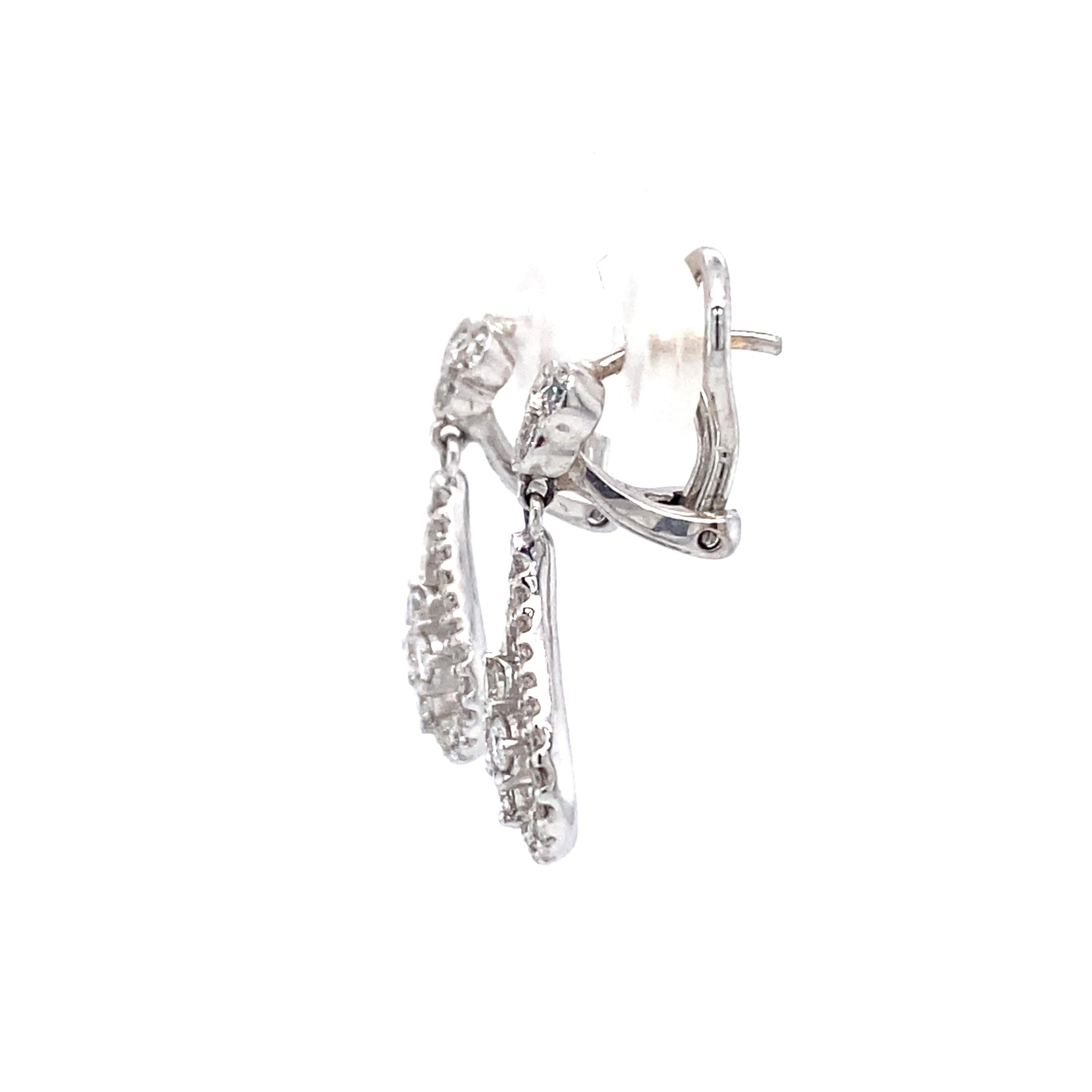Round Cut 0.58 Carat Diamond Pear Shaped Dangle Earrings in 14 Karat White Gold For Sale