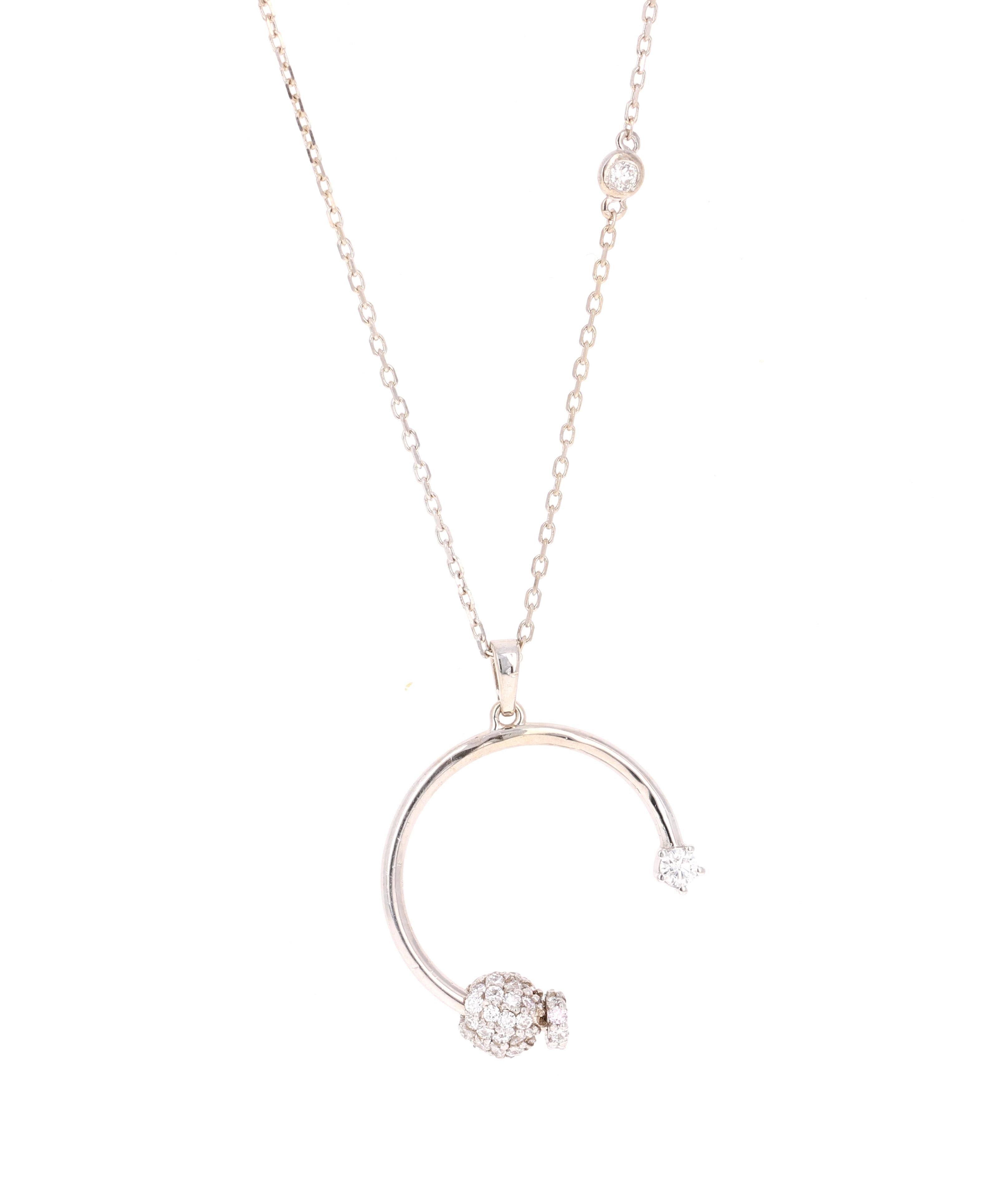 This beautiful Designer Inspired Circle pendant has 65 Round Cut Diamonds (Clarity: SI, Color: F) that weigh 0.58 Carats and comes with a beautiful Diamond by Yard style necklace. 

It is beautifully curated in 14 Karat White Gold and weighs 3.2