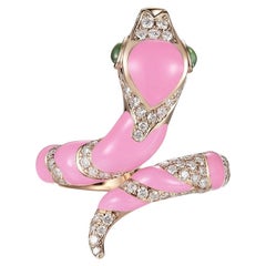 0.58 Carat Diamond, Pink Enamel and Jade Eye Coiled Snake Ring in 18 Karat Rose