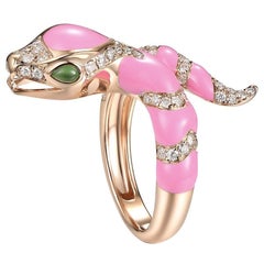 0.58 Carat Diamond, Pink Enamel and Jade Eye Coiled Snake Ring in 18 Karat Rose