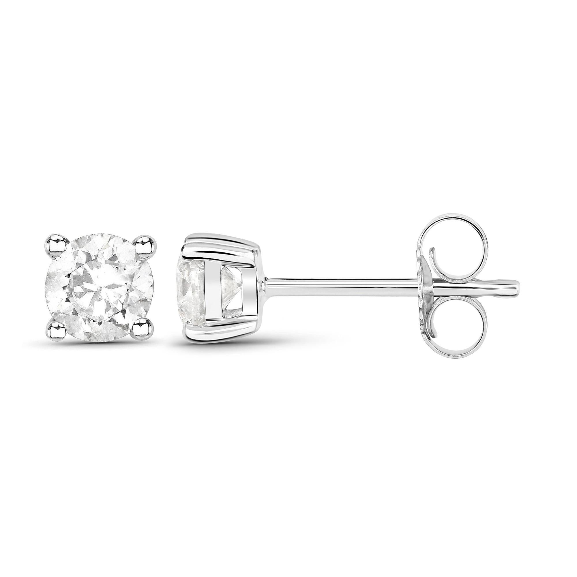 Flaunt yourself with these white diamond stud earrings. The natural gemstones have a combined weight of 0.58 carats and are set in 14K white gold. The white hue of these earrings adds a pop of color to any look! The understated design and vibrant