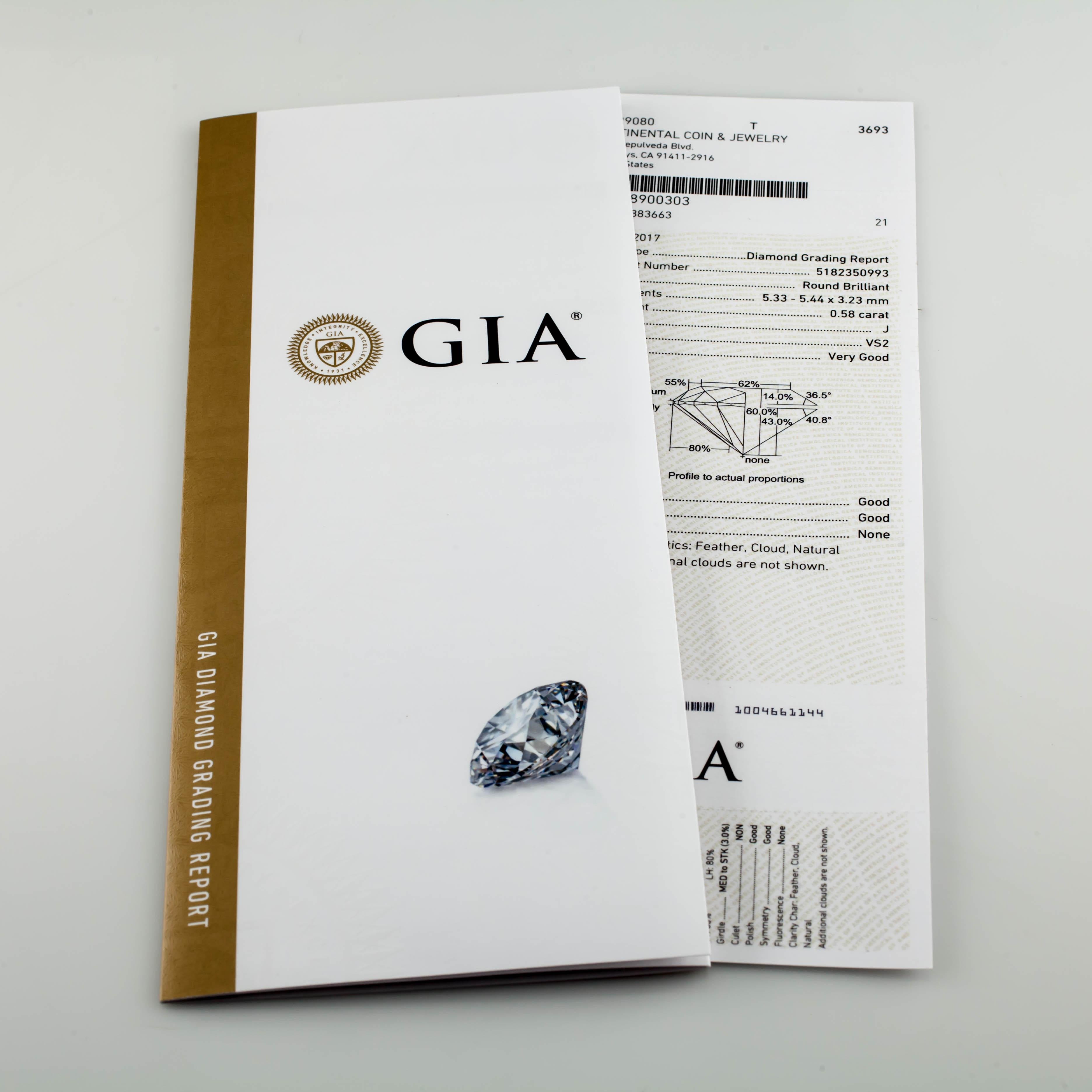 Modern 0.58 Carat Loose J/ VS2 Round Brilliant Cut Diamond GIA Certified For Sale