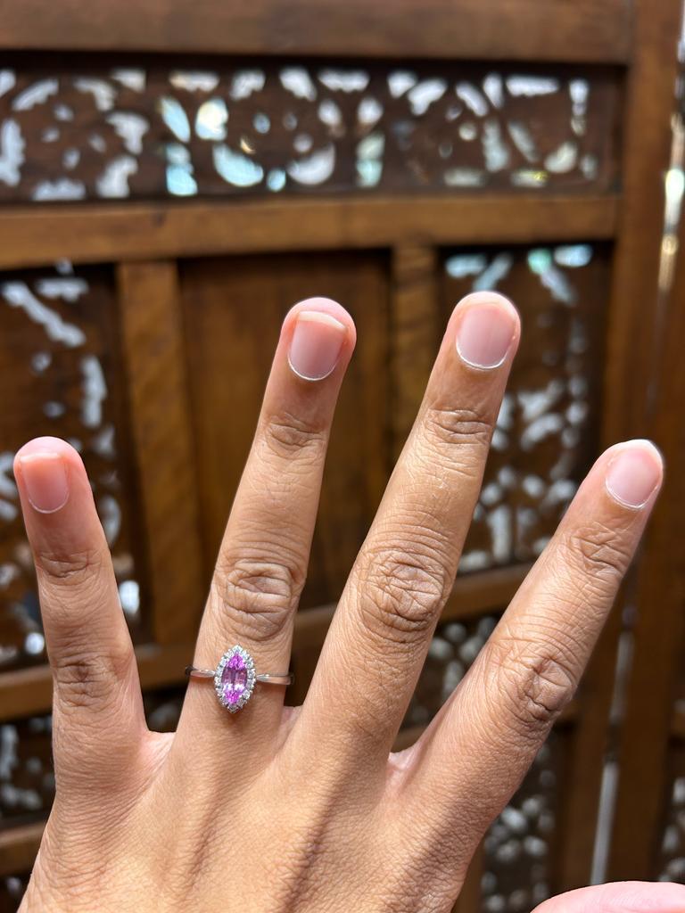 0.58 Carat Marquise cut Pink Sapphire and Diamond Ring in 18K White Gold For Sale 1