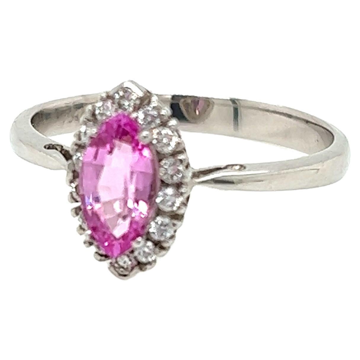 0.58 Carat Marquise cut Pink Sapphire and Diamond Ring in 18K White Gold For Sale