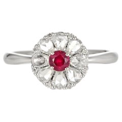 0.58 Carat Natural Ruby and Rose-Cut Diamonds Ring Made in 18 Karat White Gold
