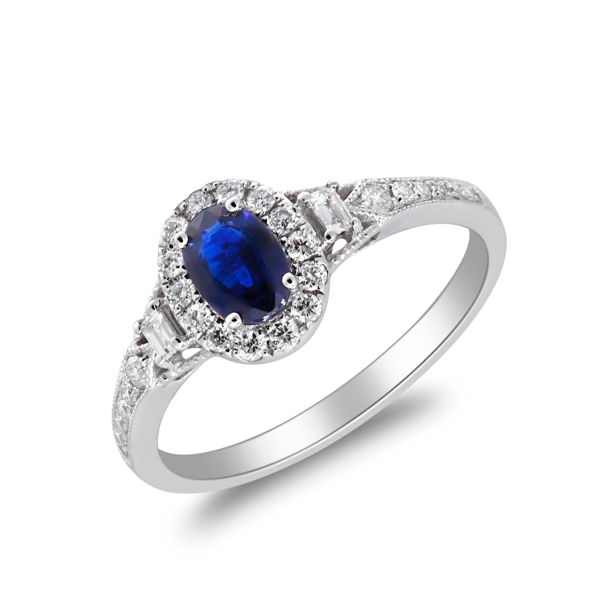 Oval Cut 0.58 Carat Oval-Cut Blue Sapphire with Diamond Accents 14K White Gold Ring For Sale