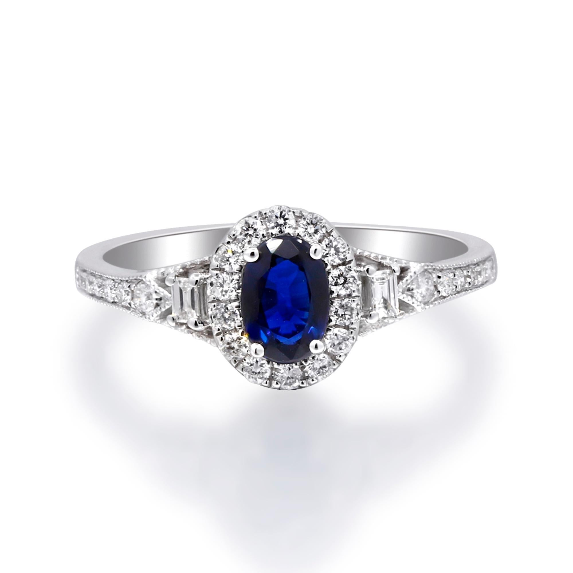 0.58 Carat Oval-Cut Blue Sapphire with Diamond Accents 14K White Gold Ring In New Condition For Sale In New York, NY