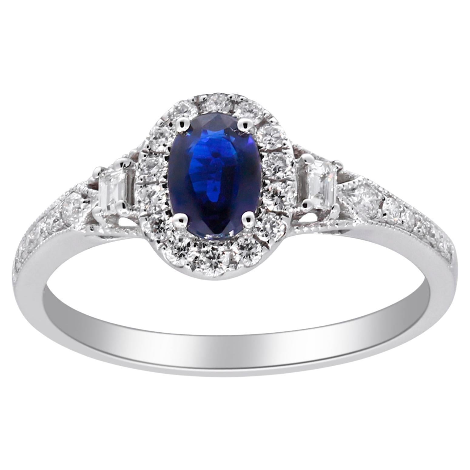 0.58 Carat Oval-Cut Blue Sapphire with Diamond Accents 14K White Gold Ring For Sale