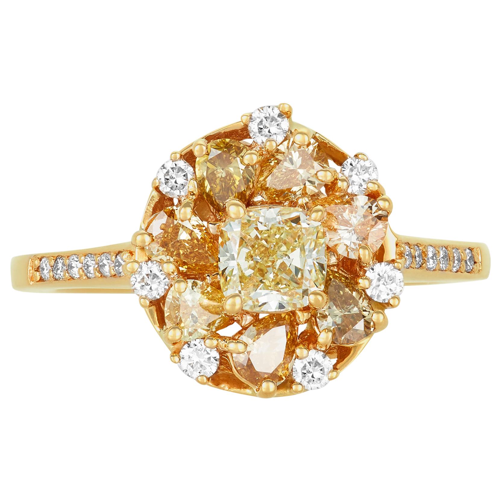 0.58 Carat Princess Yellow Diamond Ring with Multi-Color Diamond 18k Yellow Gold For Sale
