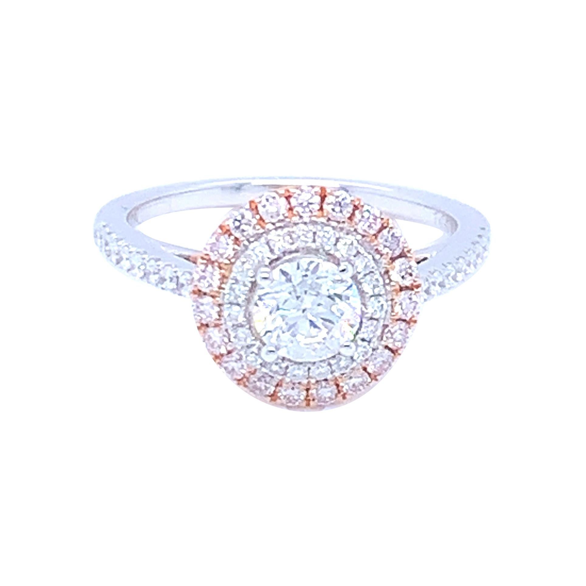 0.58 Carat Round White Diamond Pink Diamond Halo Ring Set in 14 Karat Gold For Sale