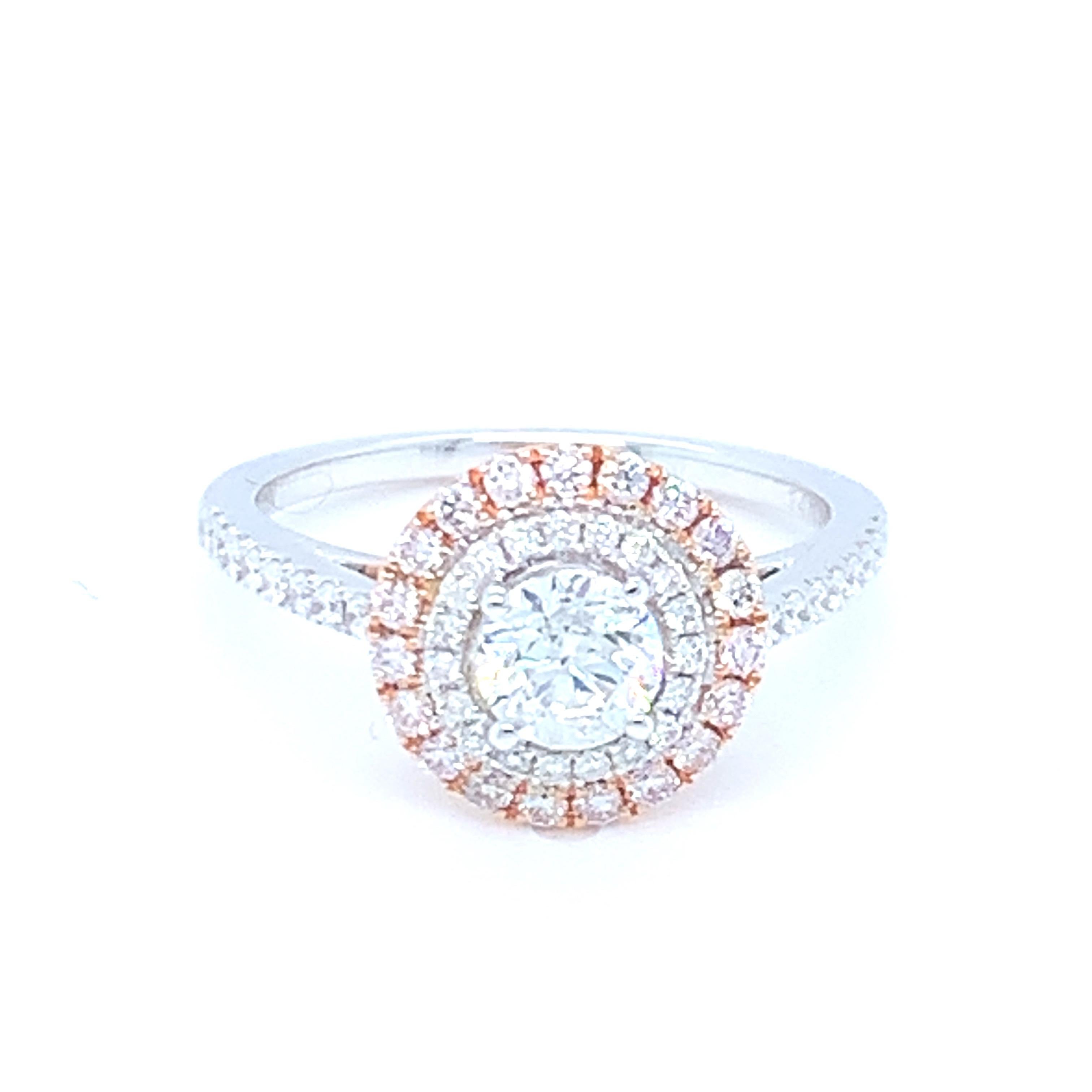 0.58 Carat Round White Diamond Pink Diamond Halo Ring Set in 14 Karat Gold For Sale 6