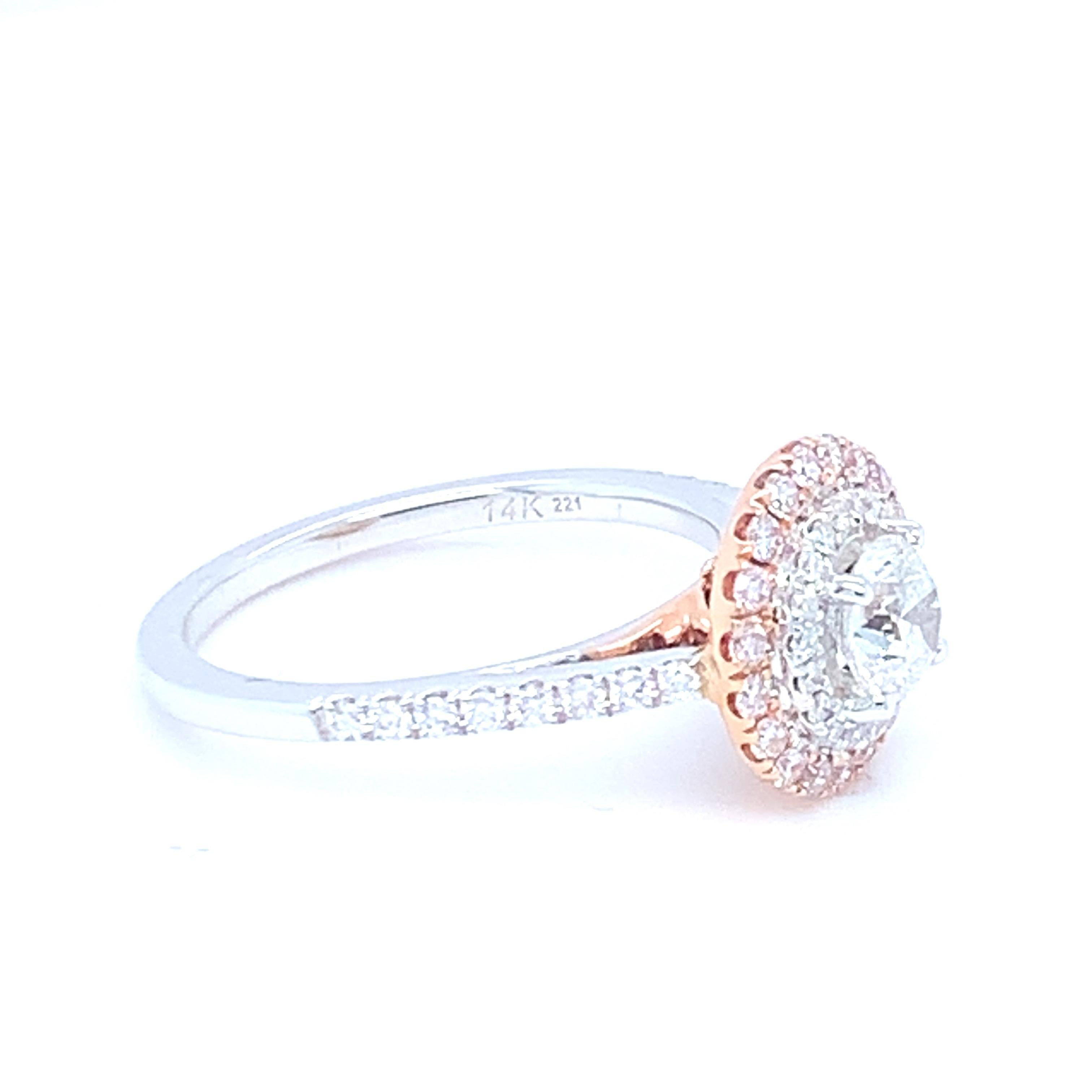 Artisan 0.58 Carat Round White Diamond Pink Diamond Halo Ring Set in 14 Karat Gold For Sale
