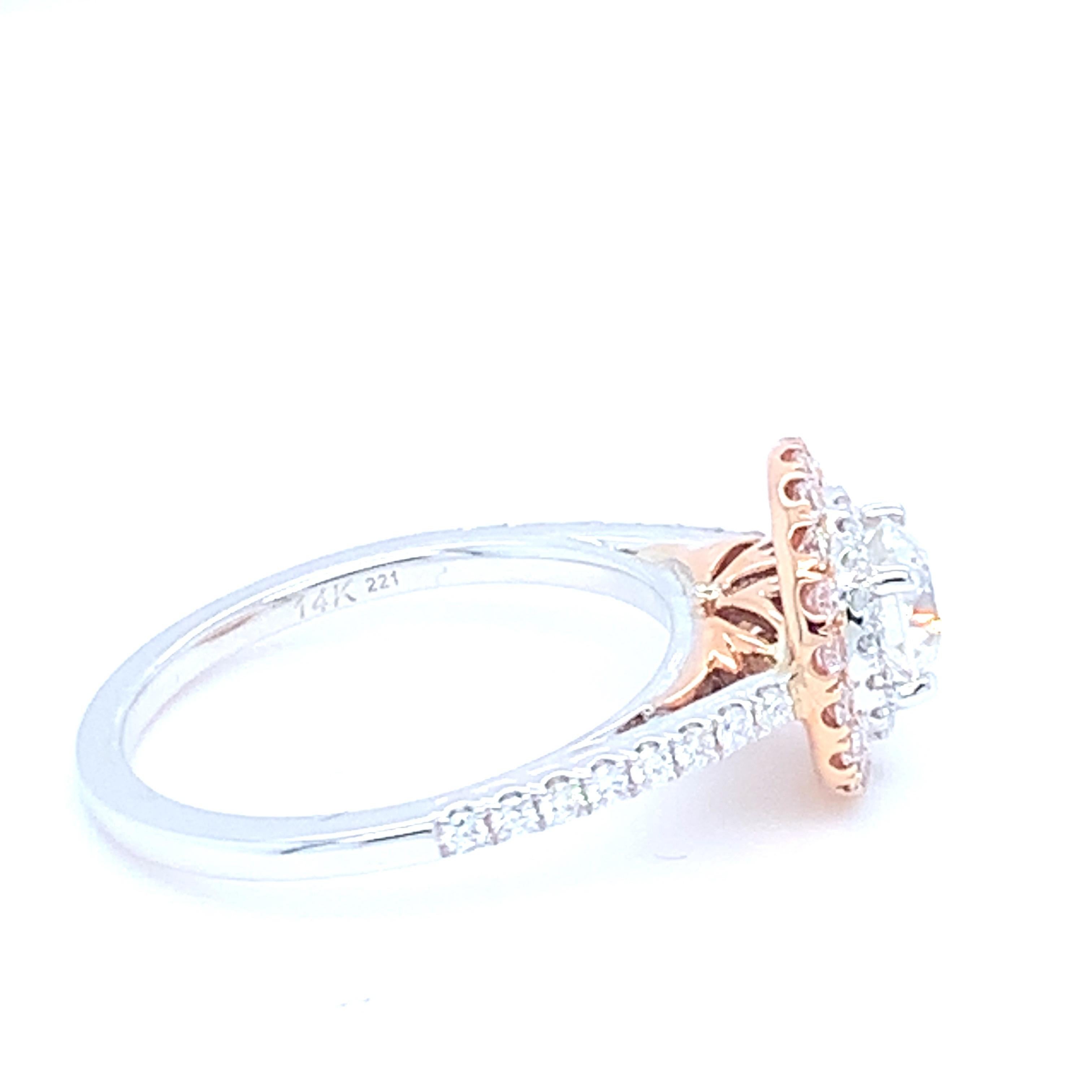 Round Cut 0.58 Carat Round White Diamond Pink Diamond Halo Ring Set in 14 Karat Gold For Sale