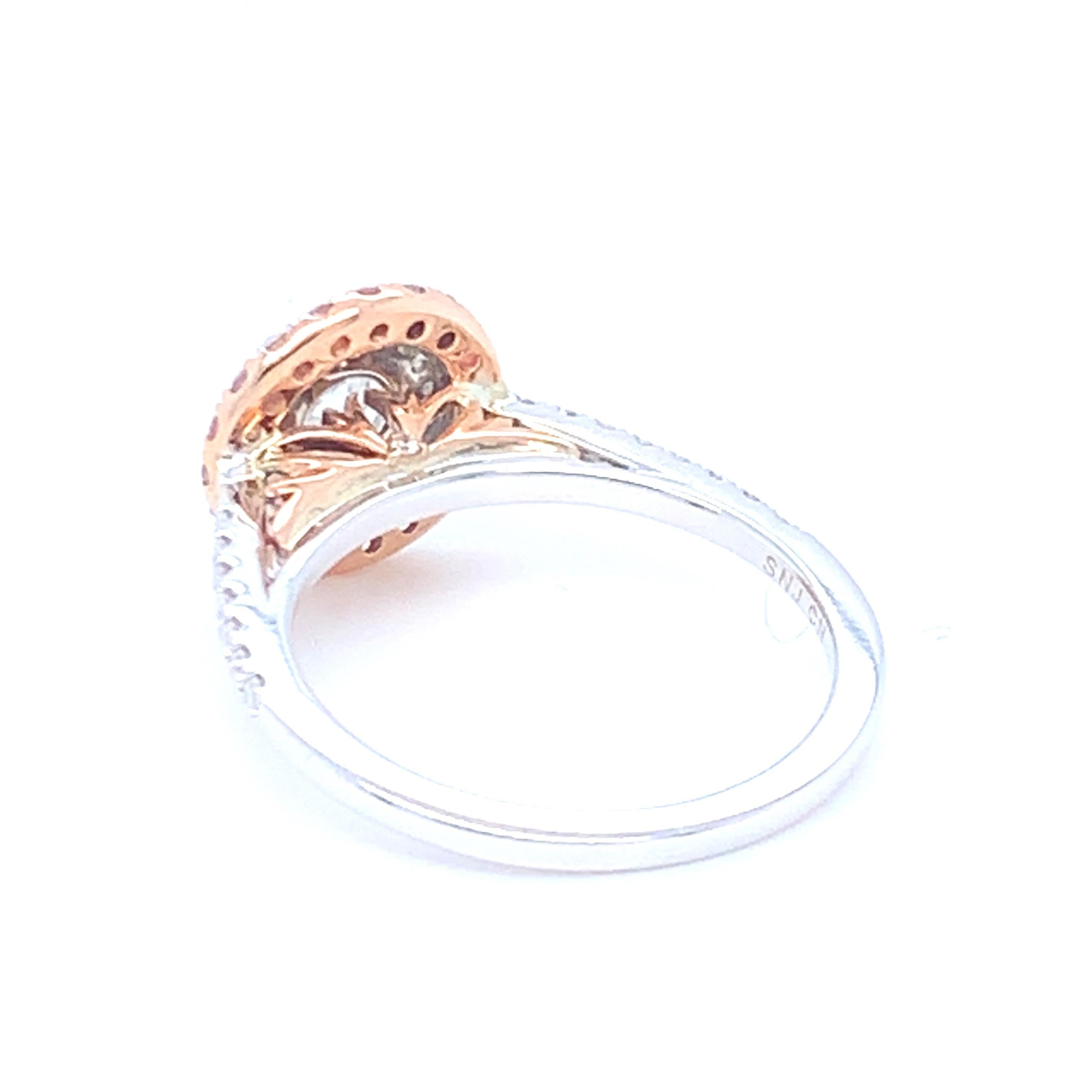 0.58 Carat Round White Diamond Pink Diamond Halo Ring Set in 14 Karat Gold For Sale 2