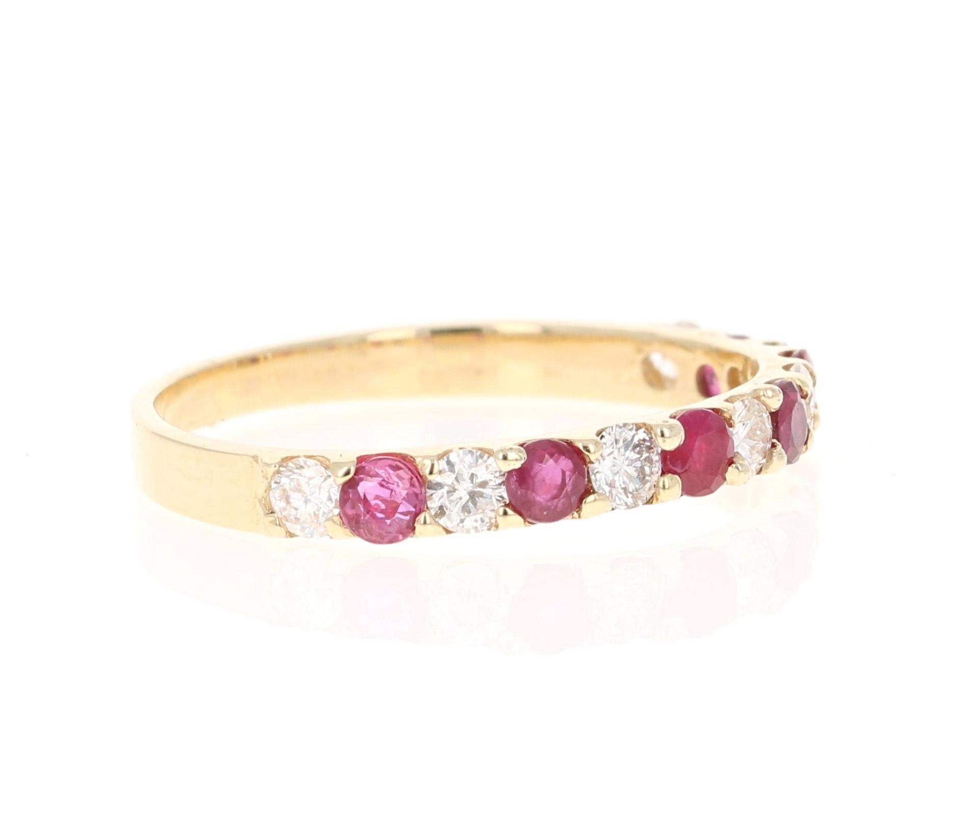 This is a classic band that is a must-have!
It has 6 Rubies that weigh 0.31 Carats and 7 Round Cut Diamonds that weigh 0.27 Carats. (Clarity: VS, Color: H) The Total Carat Weight of the Band is 0.58 Carats
It is made in 14K Yellow Gold and weighs