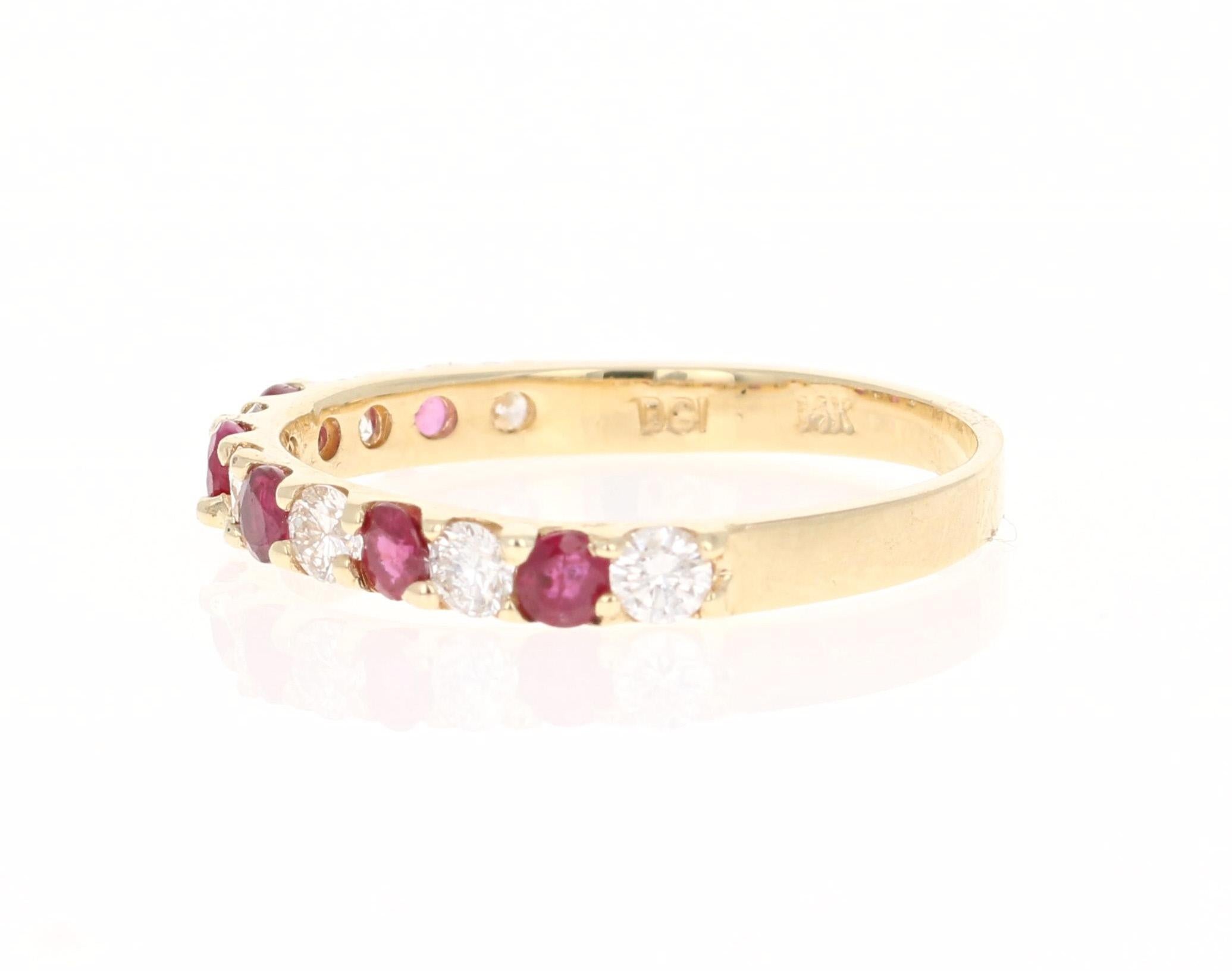 Contemporary 0.58 Carat Ruby and Diamond 14 Karat Yellow Gold Band For Sale