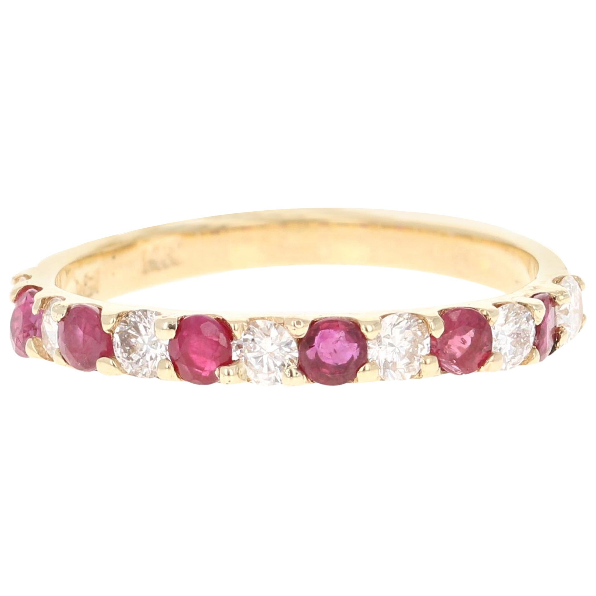 0.58 Carat Ruby and Diamond 14 Karat Yellow Gold Band For Sale