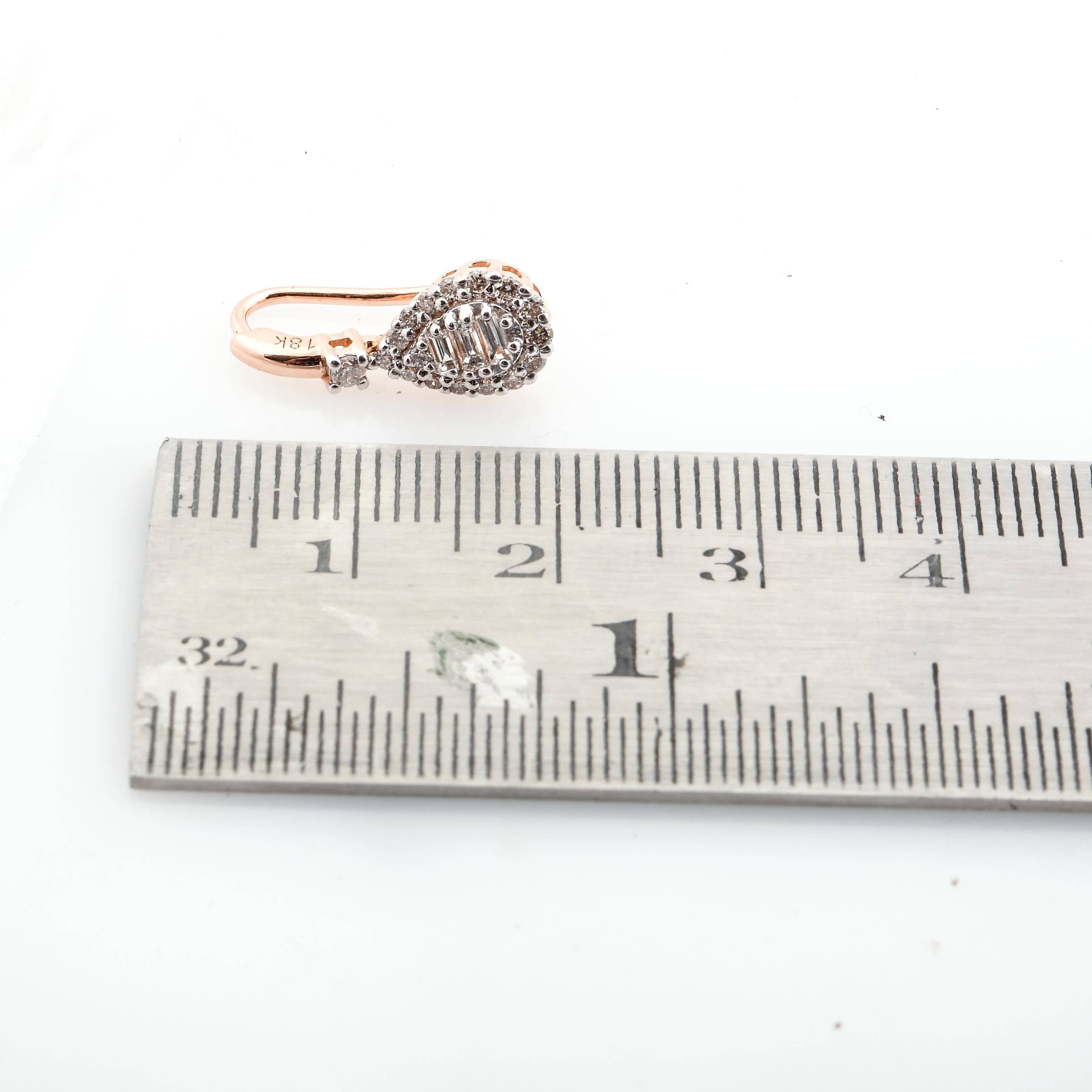 Baguette Cut 0.60 Carat SI Clarity HI Color Diamond Hook Earrings 18k Rose Gold Fine Jewelry For Sale