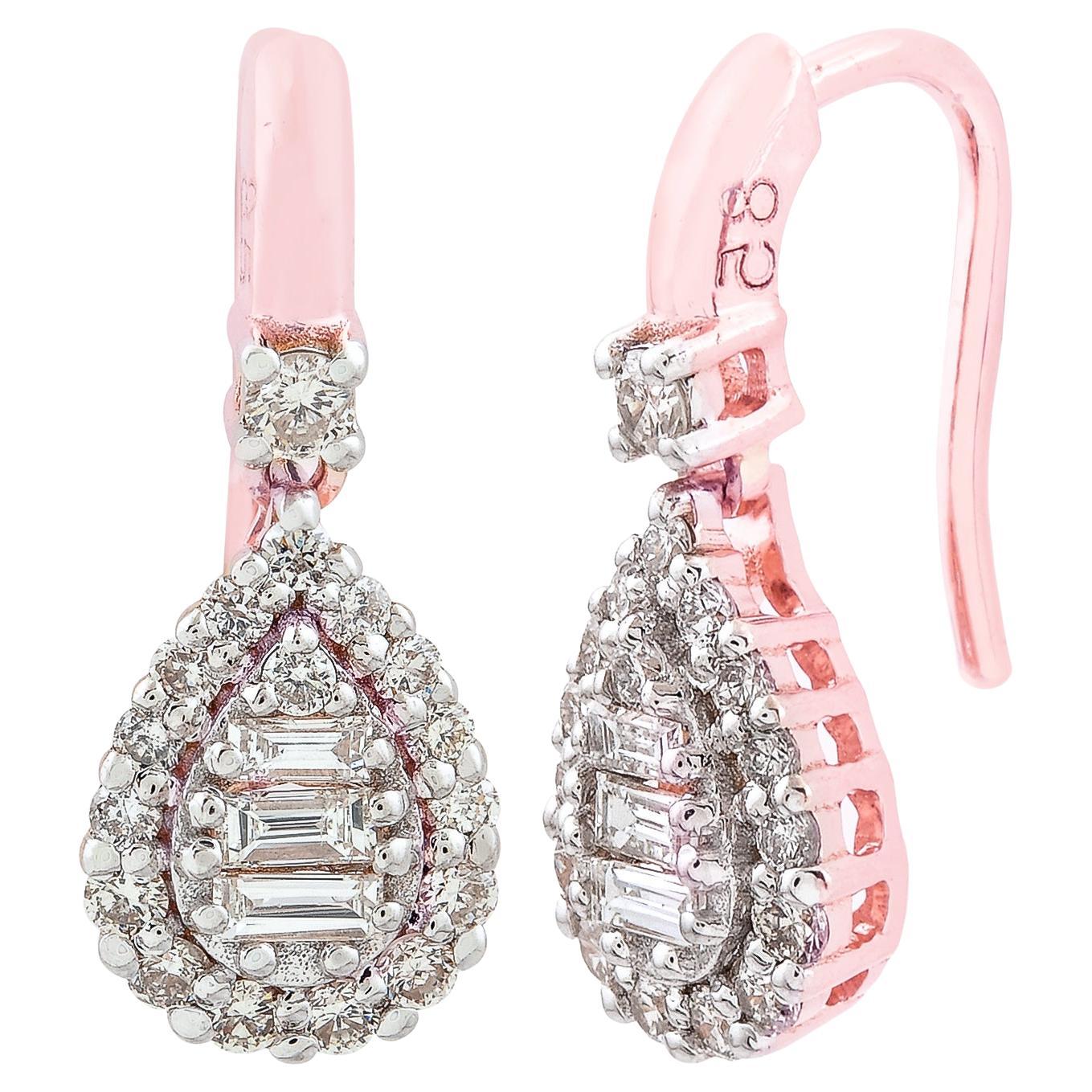 0.60 Carat SI Clarity HI Color Diamond Hook Earrings 18k Rose Gold Fine Jewelry For Sale