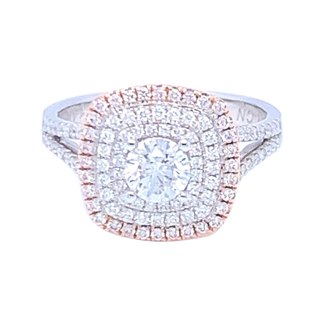 0.58 Carat White Round Diamond Pink Diamond Halo Ring Set in 14 Karat Gold For Sale