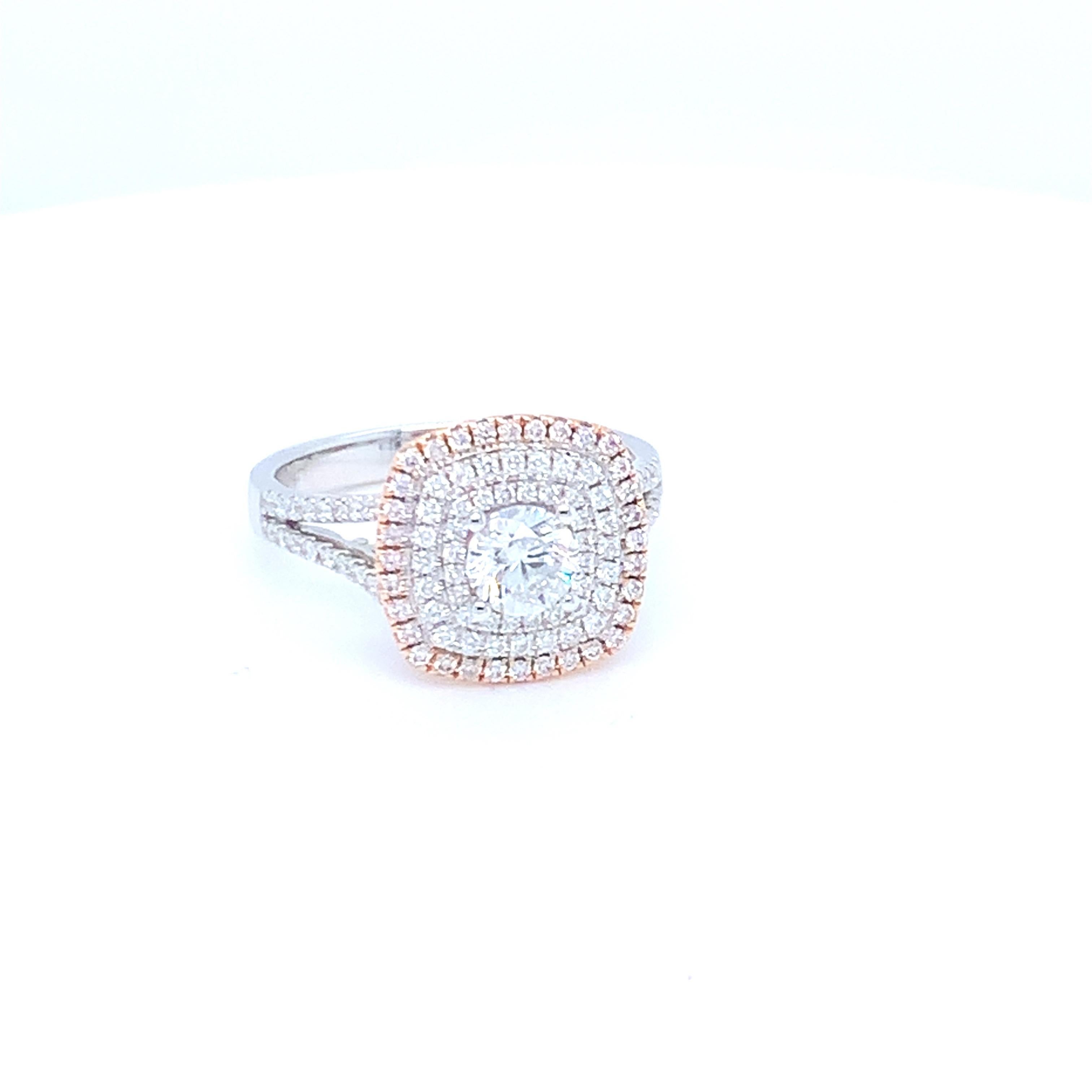 Artisan 0.58 Carat White Round Diamond Pink Diamond Halo Ring Set in 14 Karat Gold For Sale