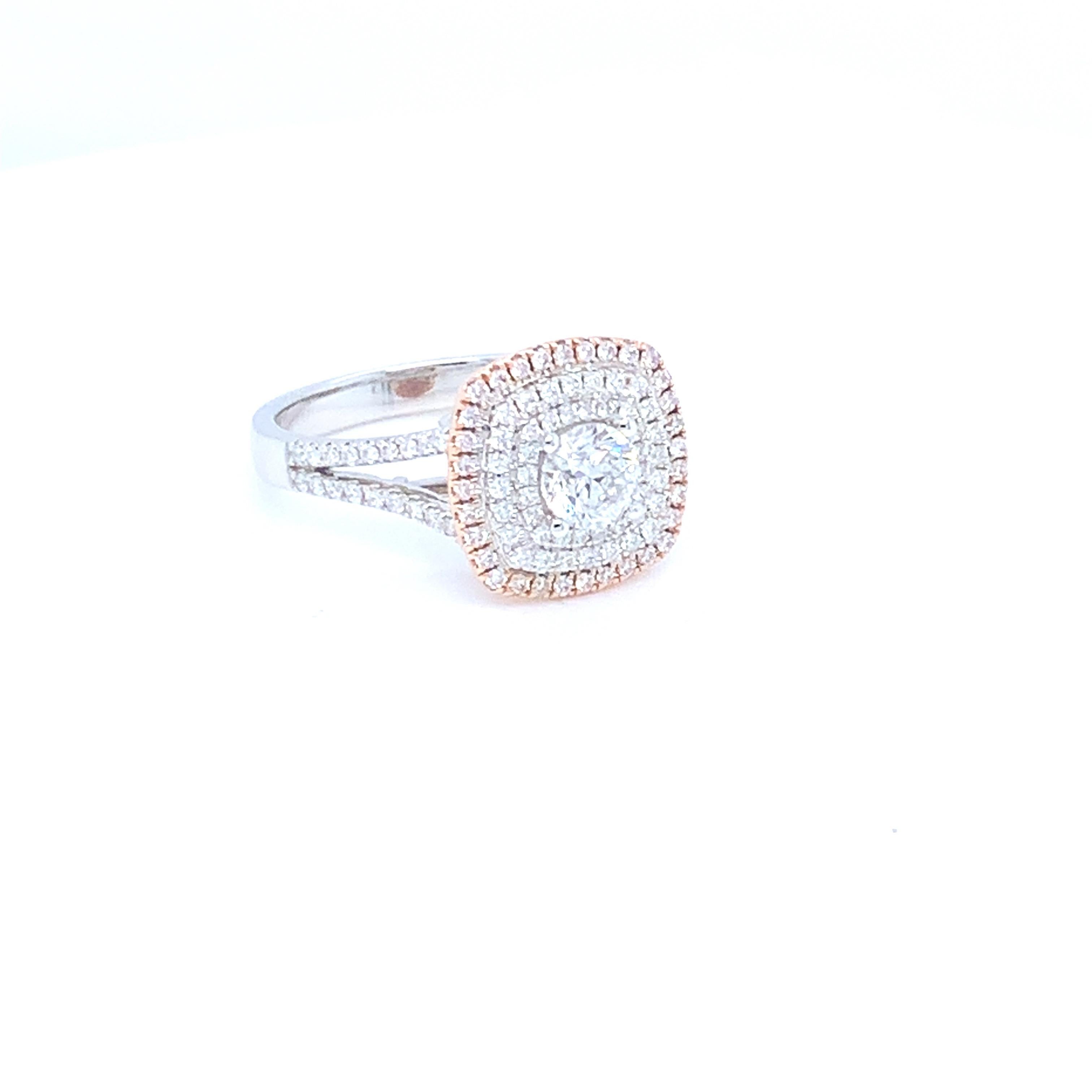 Round Cut 0.58 Carat White Round Diamond Pink Diamond Halo Ring Set in 14 Karat Gold For Sale