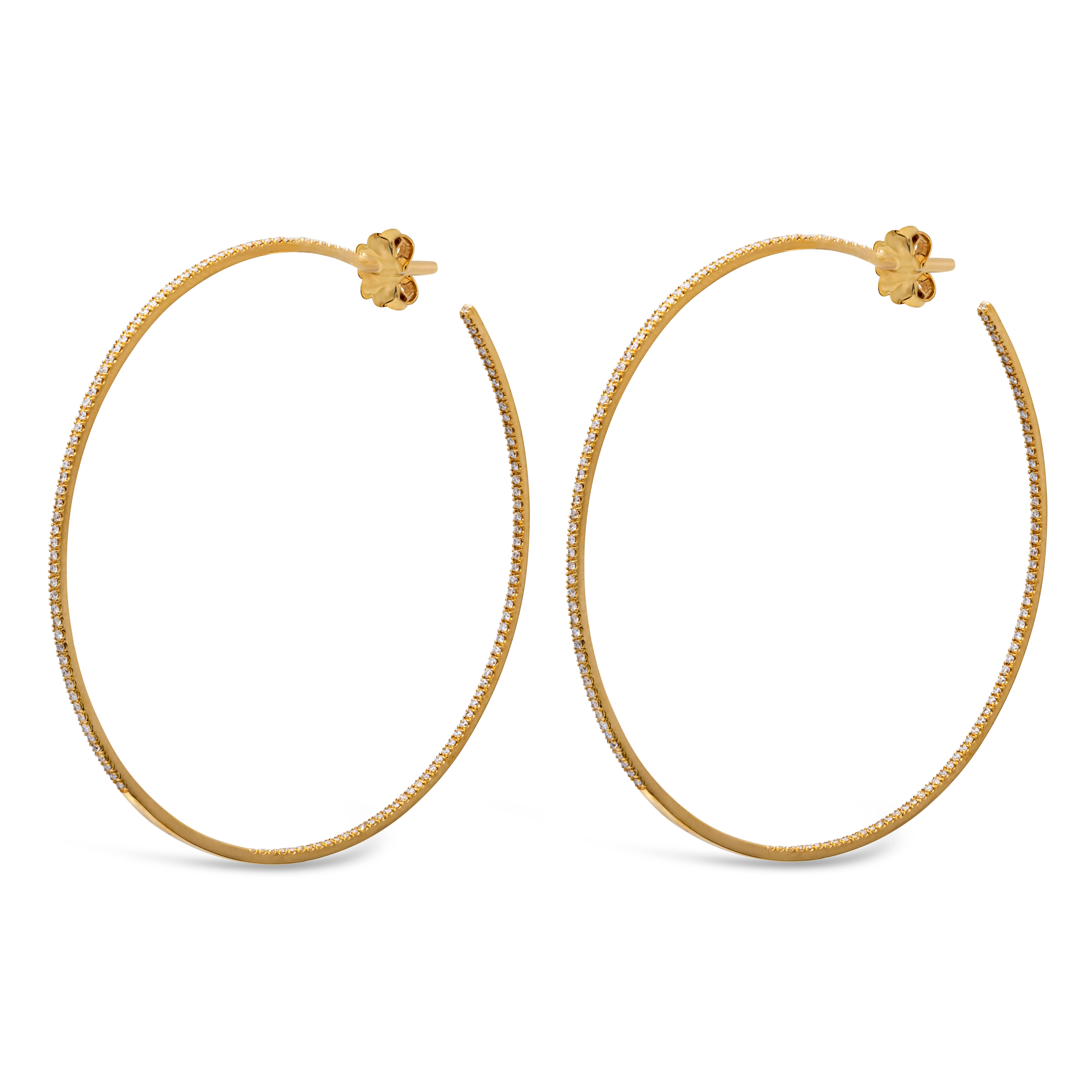 Contemporary 0.58 Carats Total Brilliant Round Cut Diamond Yellow Gold Large Hoop Earrings For Sale