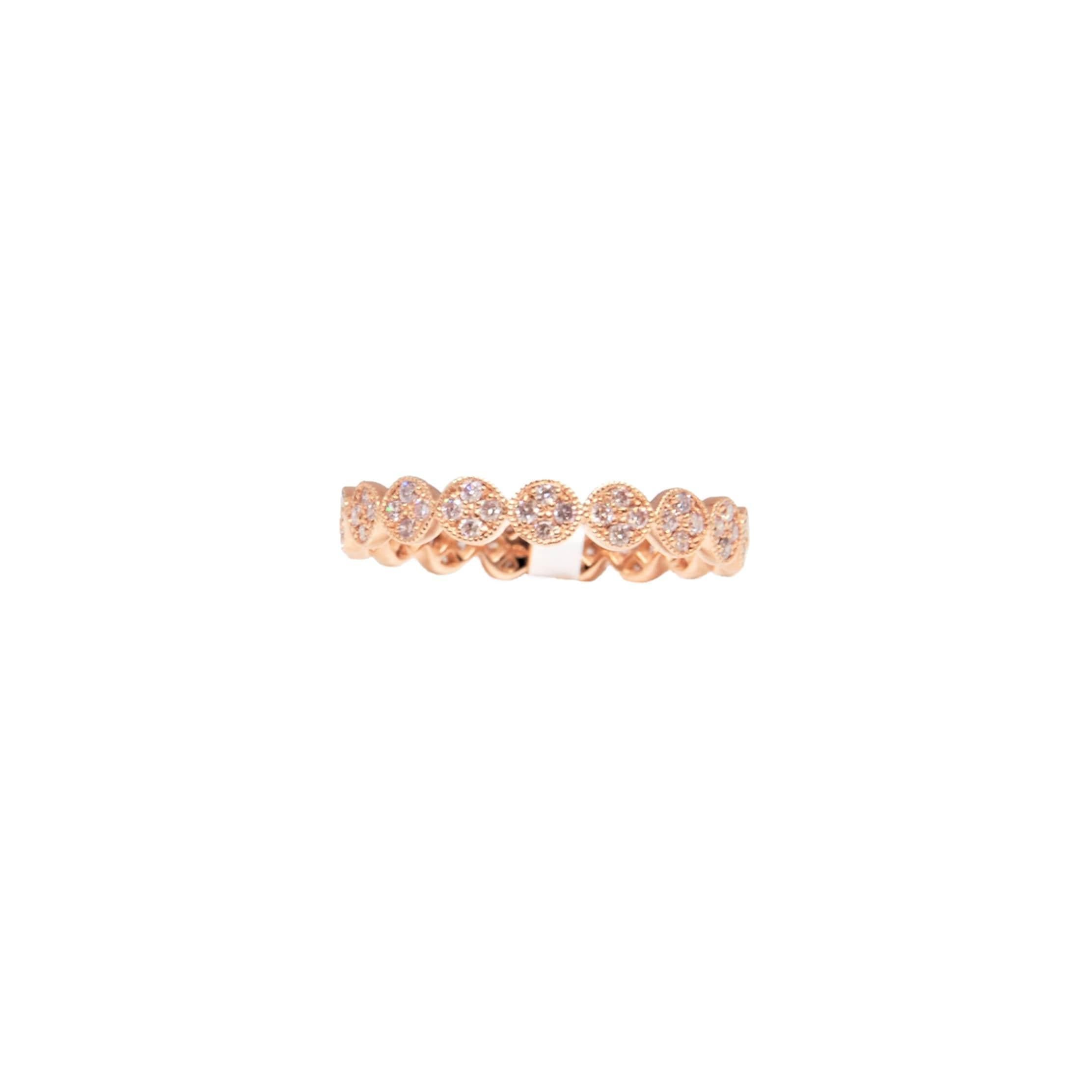 This band features 68 diamonds weighing 0.58 ct and set in 18k rose gold. A great ring to add to any jeweler's collection.