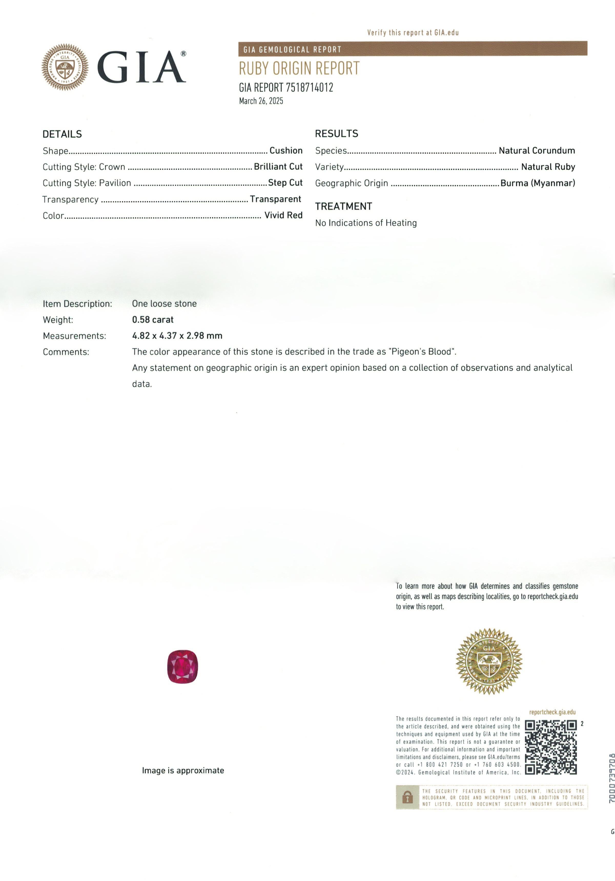 0.58 qt GIA Certificado Natural Rubí de Birmania no calentado Gema de color sangre de paloma Corte brillante en venta