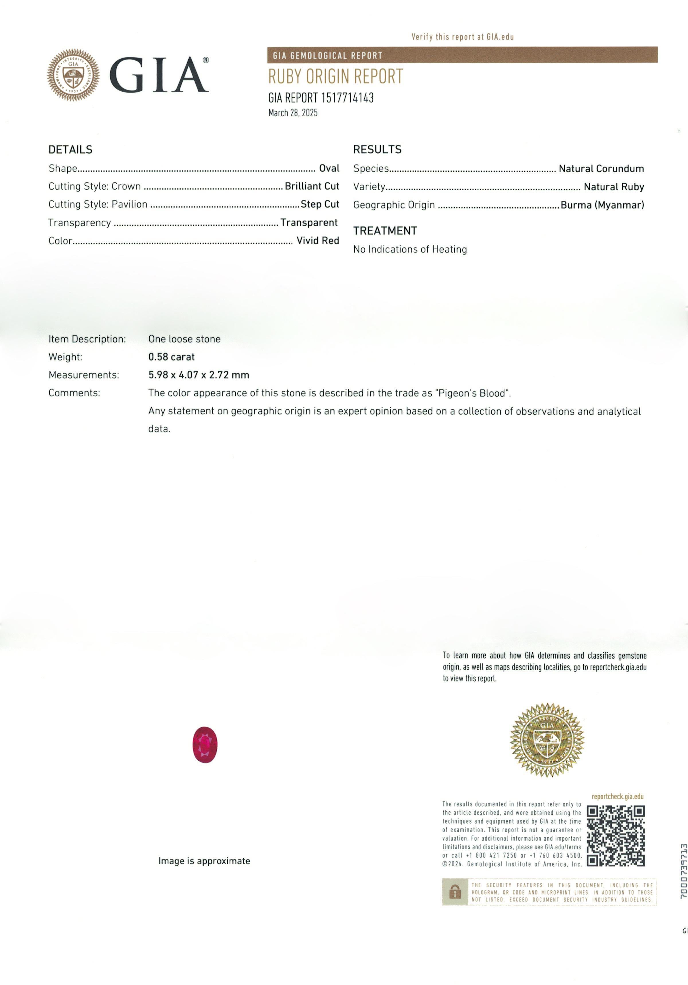 da uomo o donna 0.58 Ct GIA Certified Natural Unheated Burma Ruby Pigeon Blood Color Gemstone (Gemma di colore sangue di piccione) in vendita