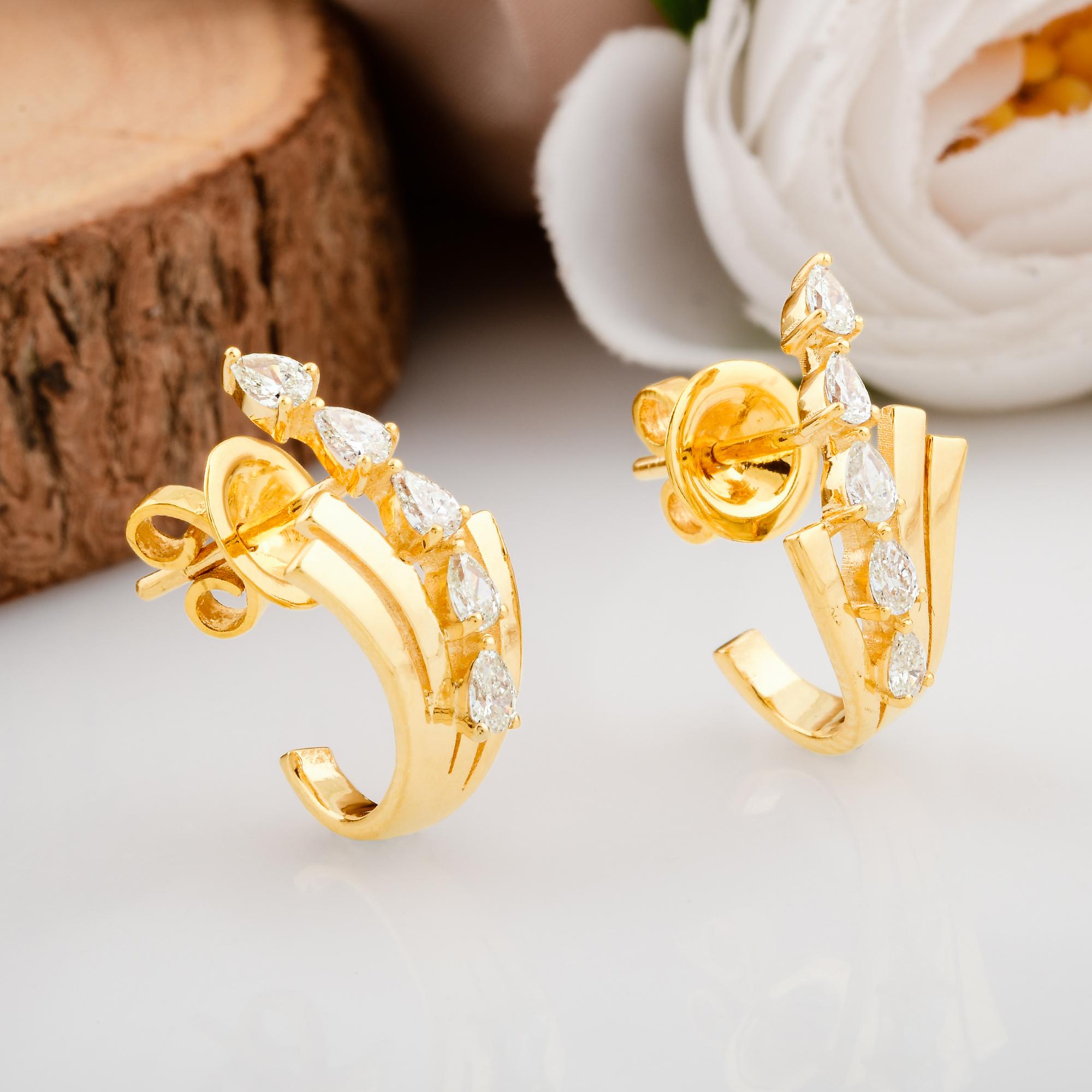 Modern 0.58 Ct SI Clarity HI Color Pear Diamond Half Hoop Earrings 18 Karat Yellow Gold For Sale