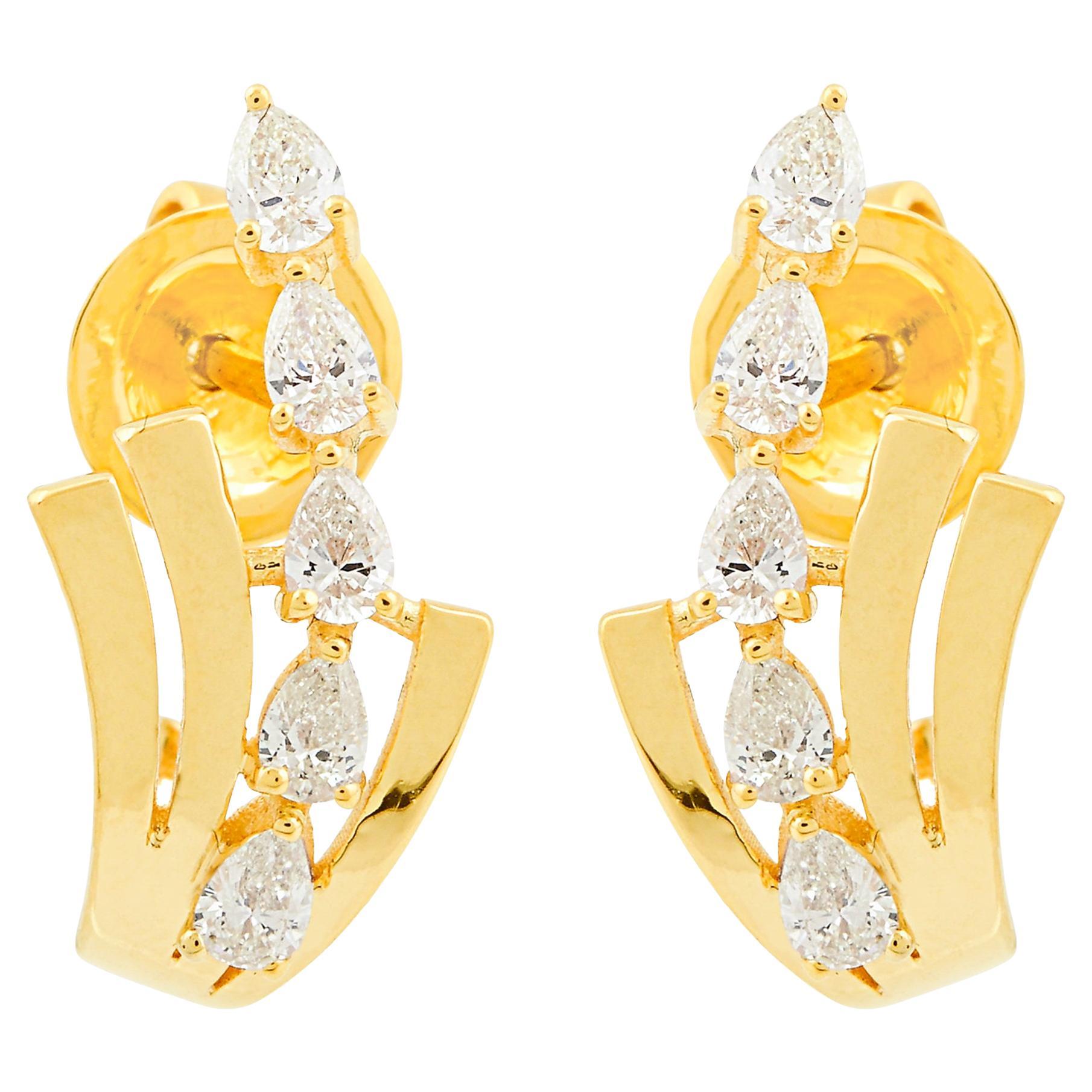 0.58 Ct SI Clarity HI Color Pear Diamond Half Hoop Earrings 18 Karat Yellow Gold For Sale