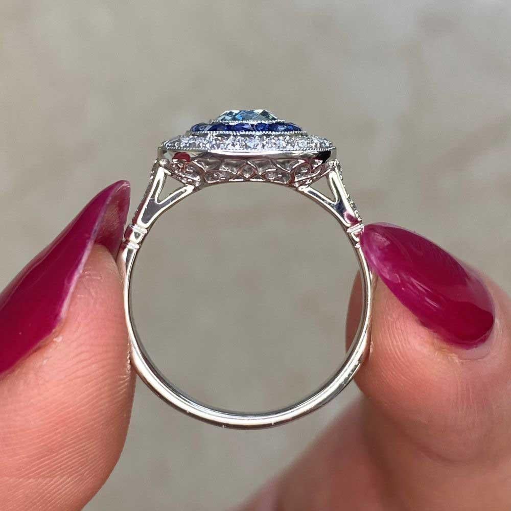 0.58ct Cushion Cut Aquamarine Engagement Ring, Diamond & Sapphire Halo, Platinum For Sale 6