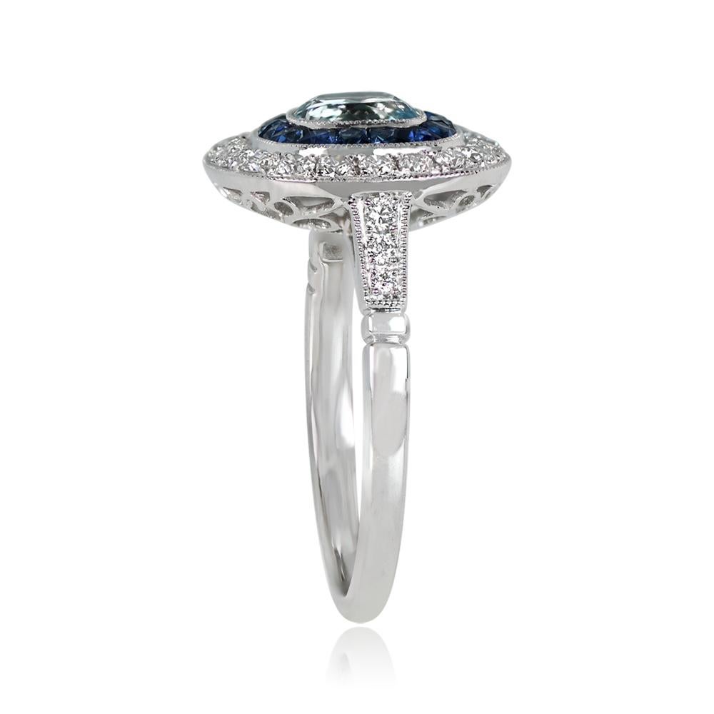 Art Deco 0.58ct Cushion Cut Aquamarine Engagement Ring, Diamond & Sapphire Halo, Platinum For Sale