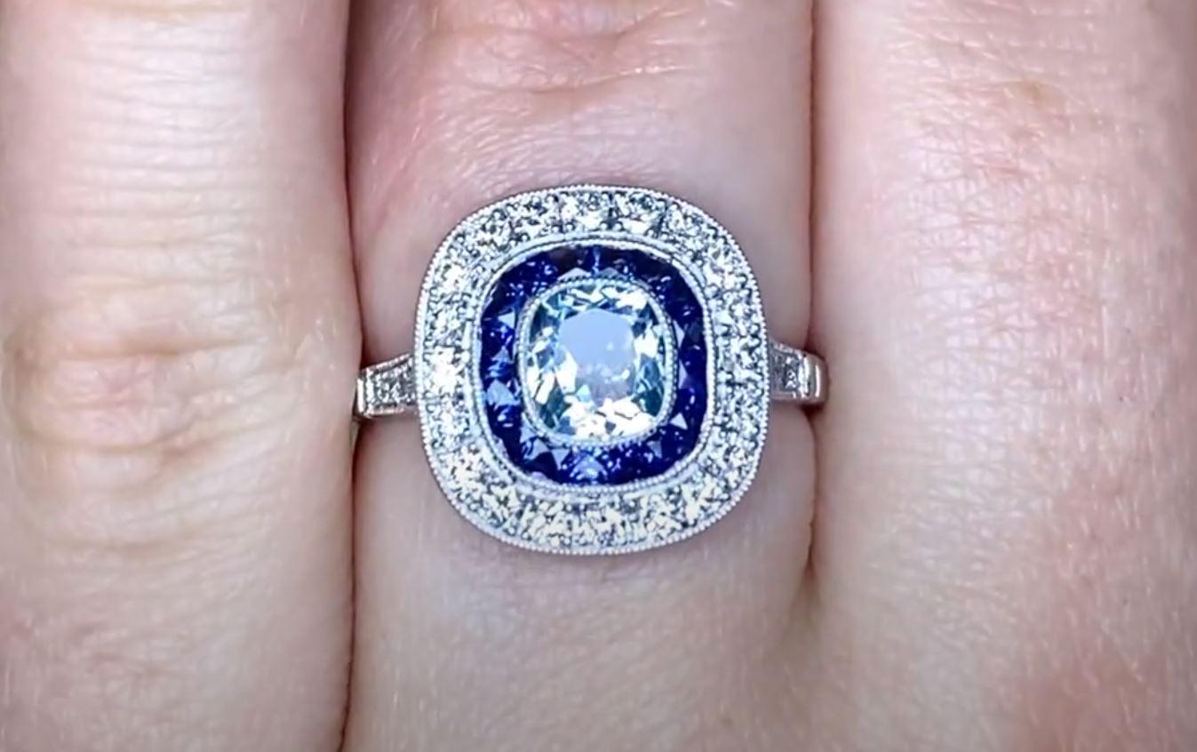 Women's 0.58ct Cushion Cut Aquamarine Engagement Ring, Diamond & Sapphire Halo, Platinum For Sale