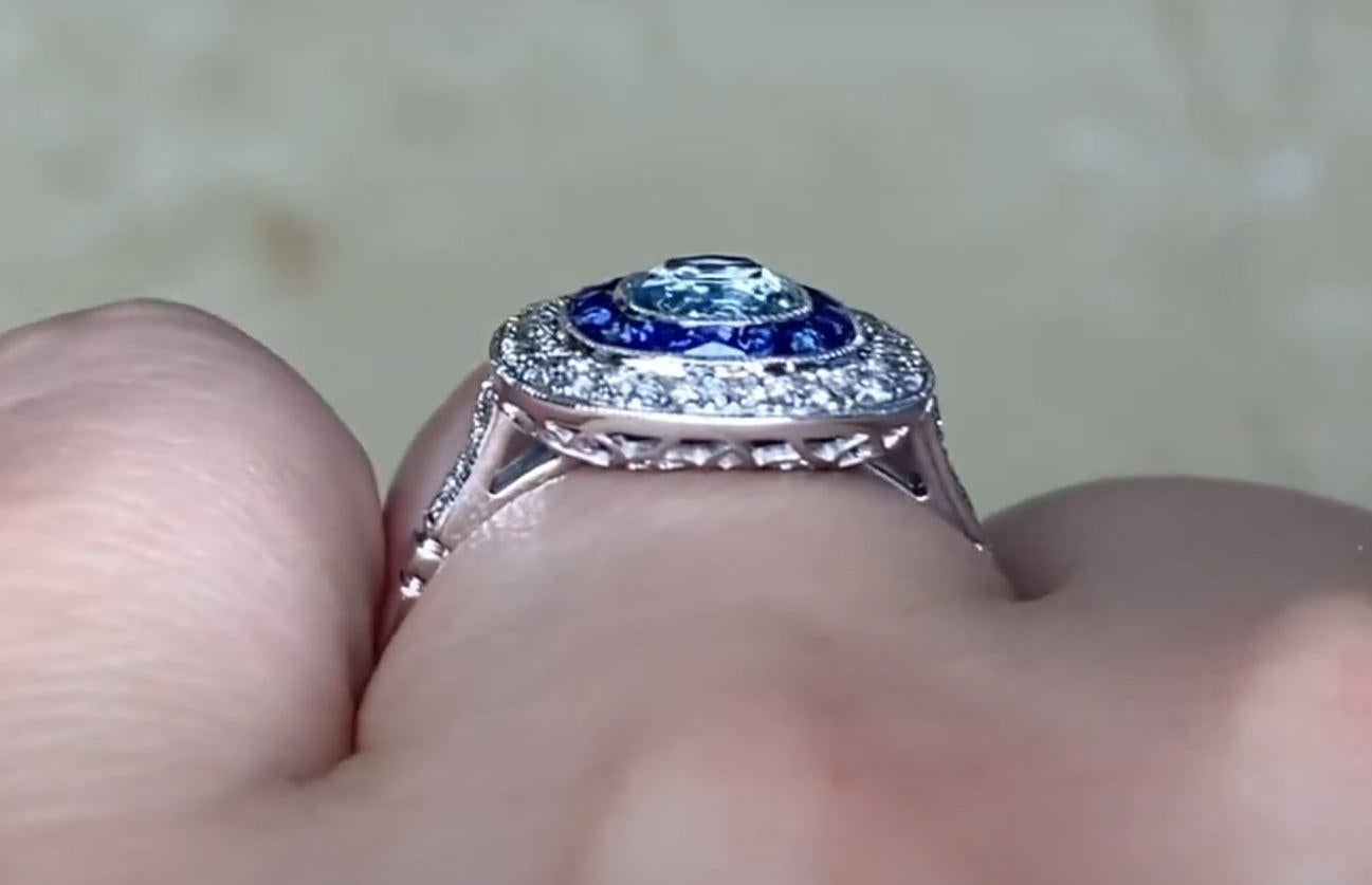 0.58ct Cushion Cut Aquamarine Engagement Ring, Diamond & Sapphire Halo, Platinum For Sale 3