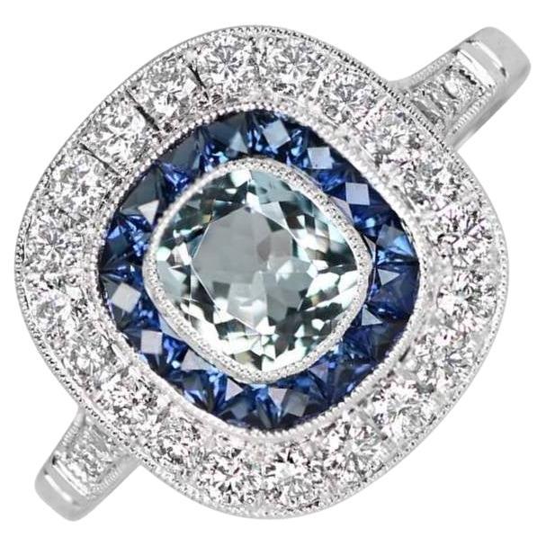 0.58ct Cushion Cut Aquamarine Engagement Ring, Diamond & Sapphire Halo, Platinum For Sale