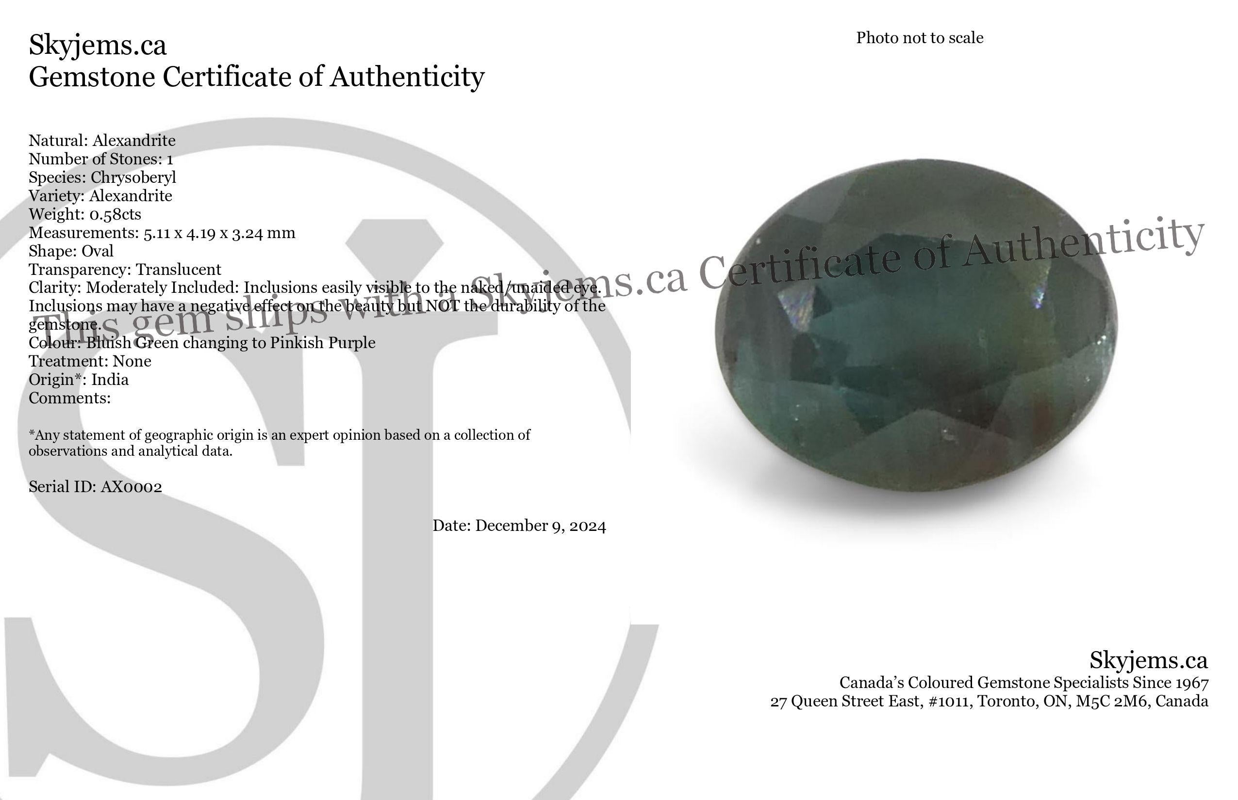 Description:

Gem Type: Alexandrite 
Number of Stones: 1
Weight: 0.58 cts
Measurements: 5.11 x 4.19 x 3.24 mm
Shape: Oval
Cutting Style Crown: 
Cutting Style Pavilion:  
Transparency: Translucent
Clarity: Moderately Included: Inclusions easily