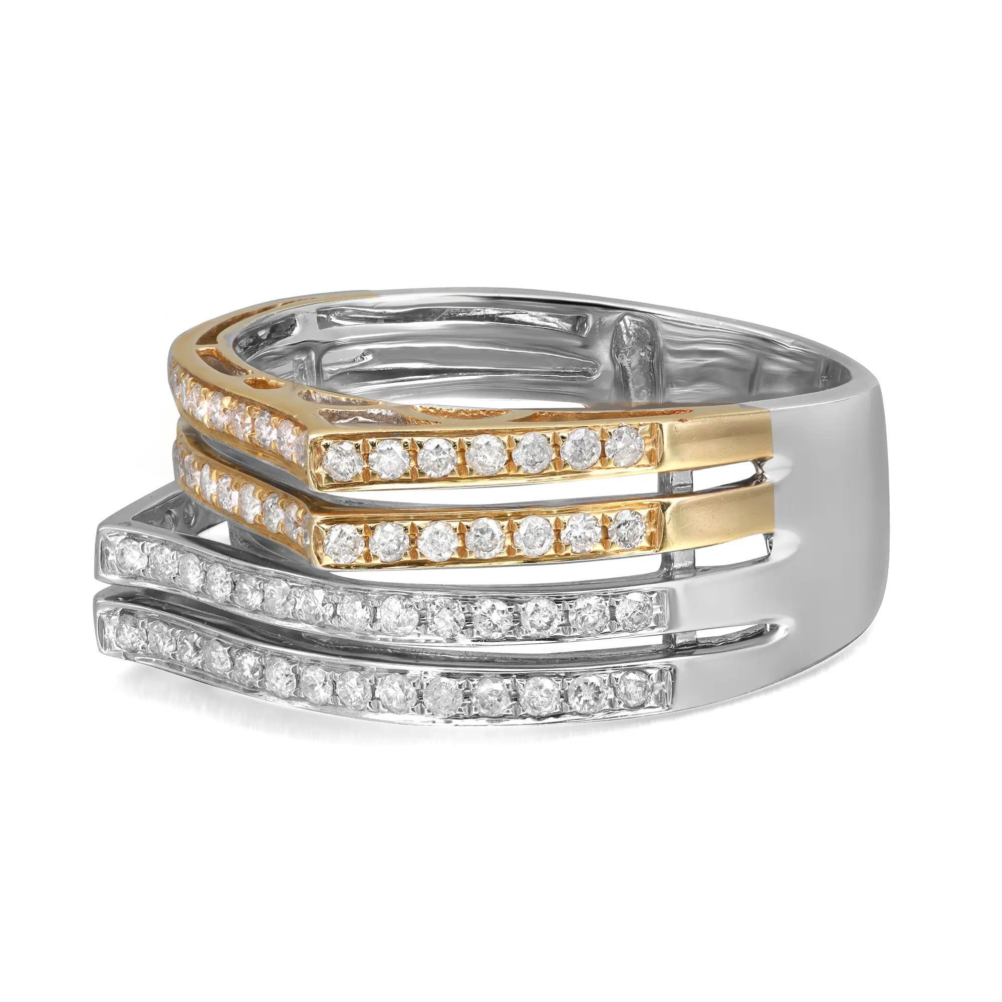 This elegant and classic diamond band ring is crafted in 14k white and yellow gold. Features four rows of pave set round brilliant cut diamonds weighing 0.58 carat. Ring width: 9.4mm. Ring size: 7.5. Total weight: 6.00 grams. Perfect addition to
