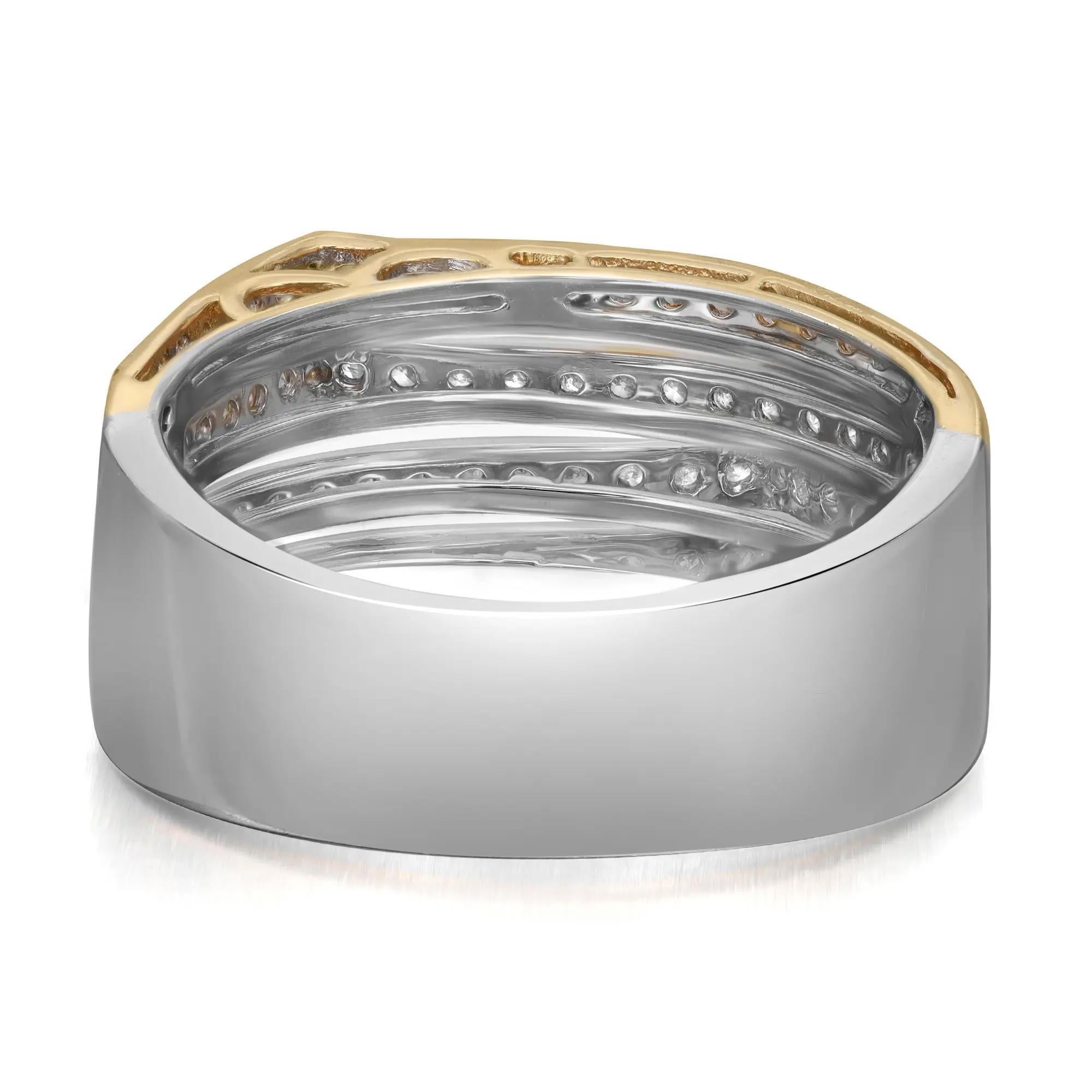 Moderne 0.58cttw Twotone Round Diamond Multi Row Fancy Band Ring 14k Gold en vente