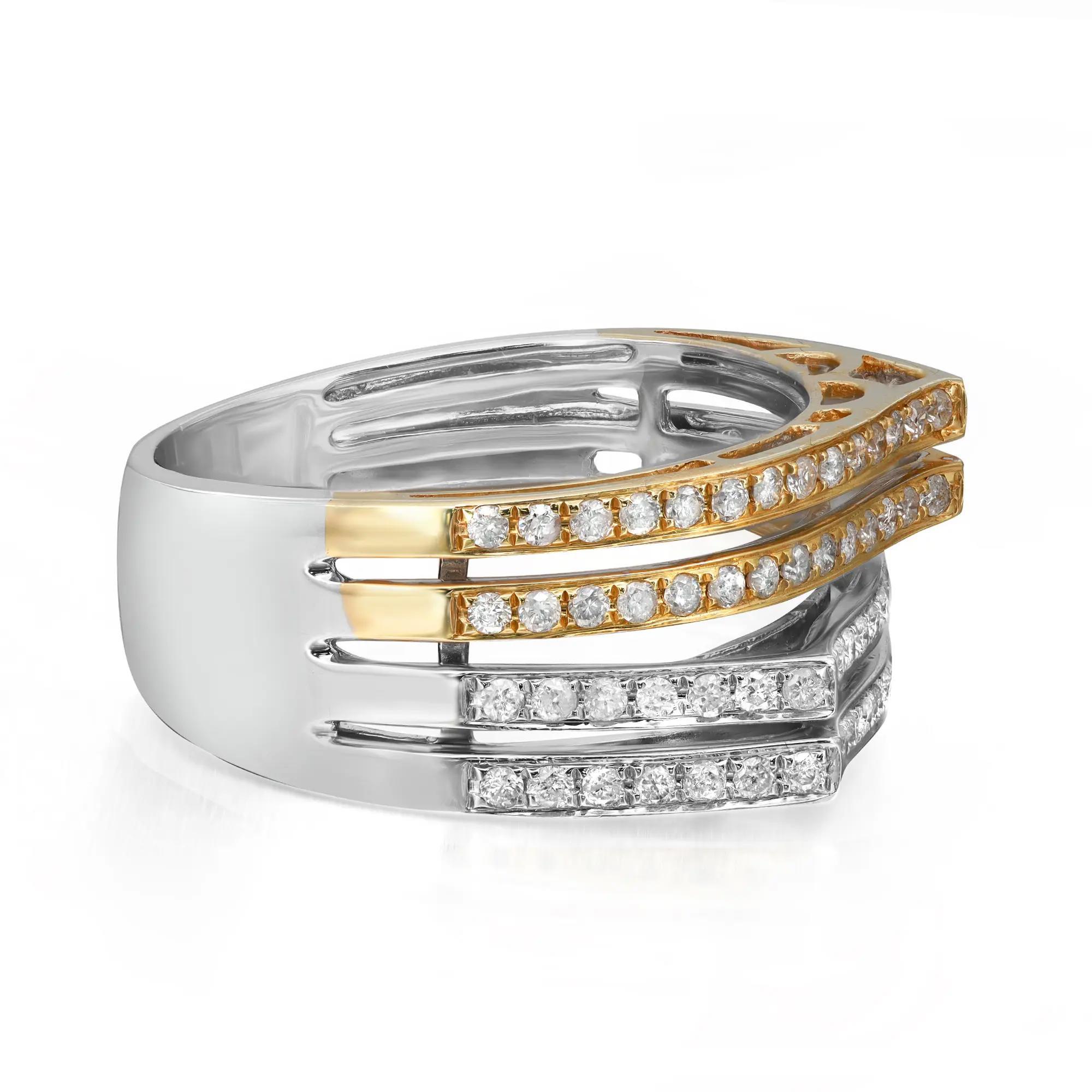 Round Cut 0.58cttw Twotone Round Diamond Multi Row Fancy Band Ring 14k Gold For Sale
