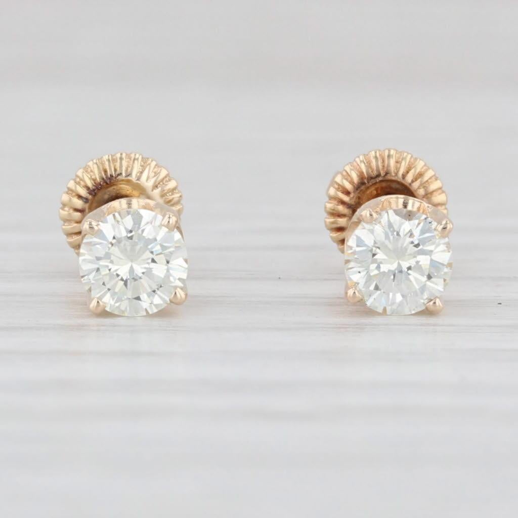 0.58ctw Diamond Stud Earrings 14k Yellow Gold Round Solitaire Screw Back Studs For Sale 1