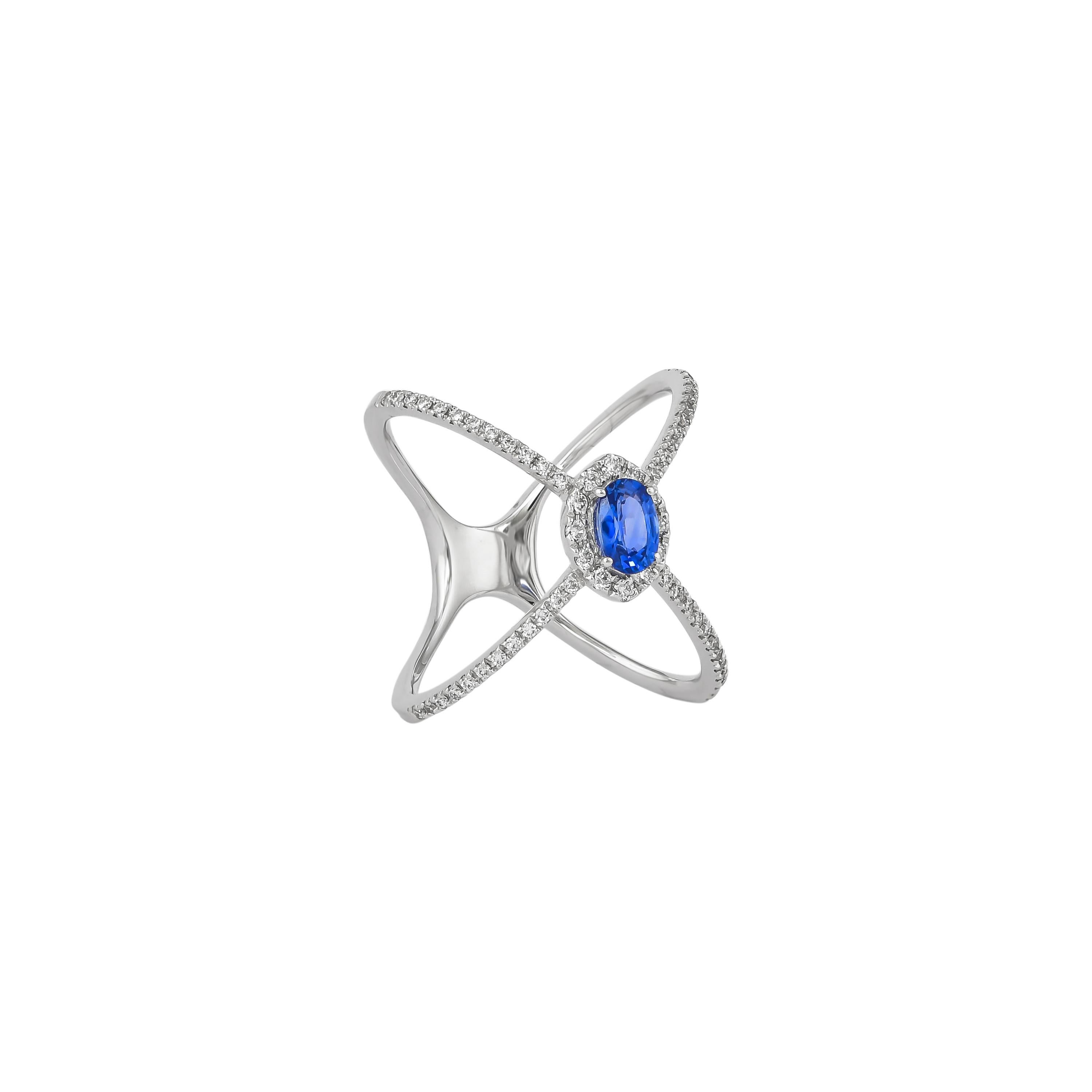 Einzigartige und Designer-Cocktailringe von Sunita Nahata Fine Design.

Klassischer Ring mit blauem Saphir aus 18 Karat Weißgold und Diamant. 

Blauer Saphir: 0,59 Karat, 6X4mm Größe, ovale Form. 
Diamant: 0,116 Karat, 1,30 mm groß, runde Form,