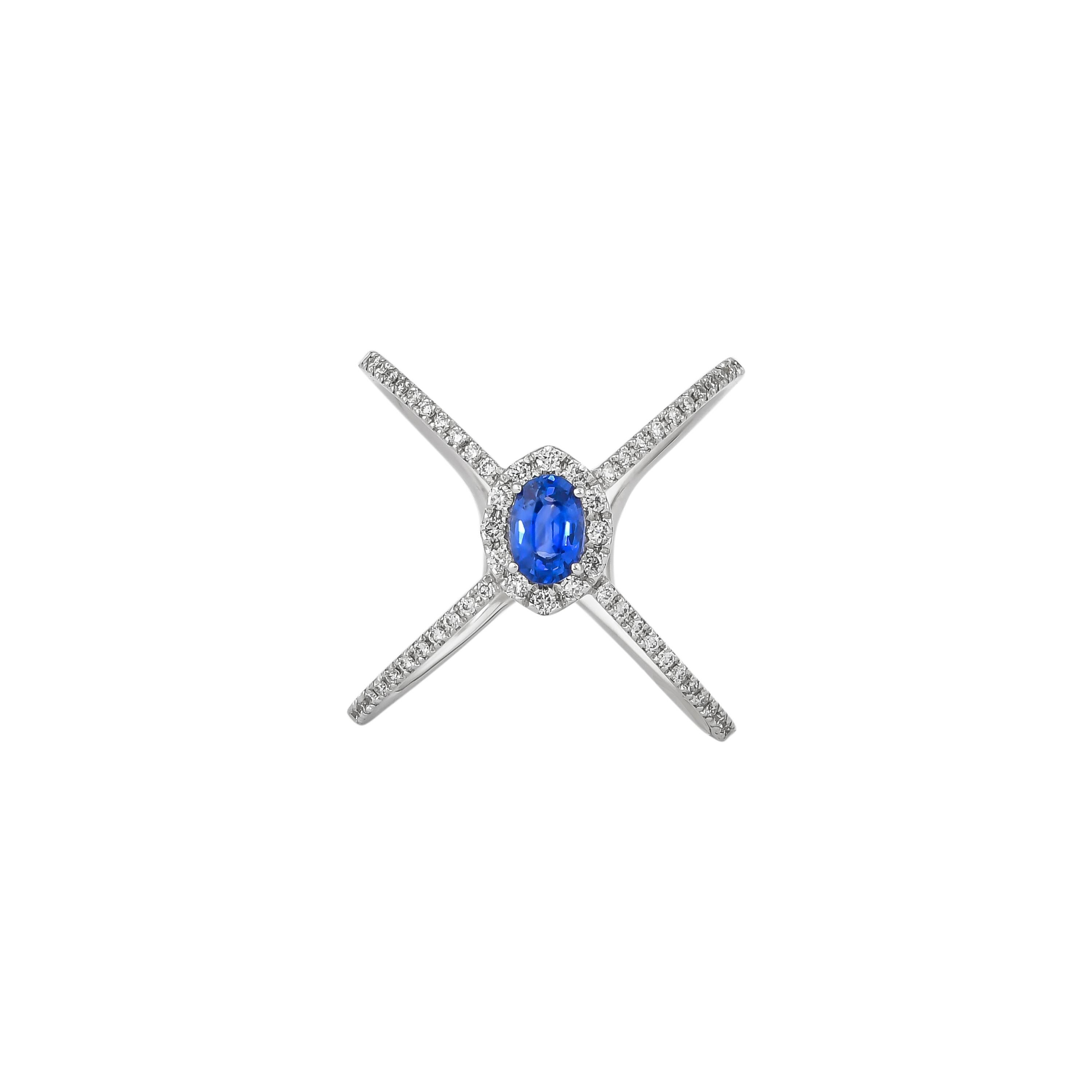 Oval Cut 0.59 Carat Blue Sapphire Ring in 18 Karat White Gold For Sale