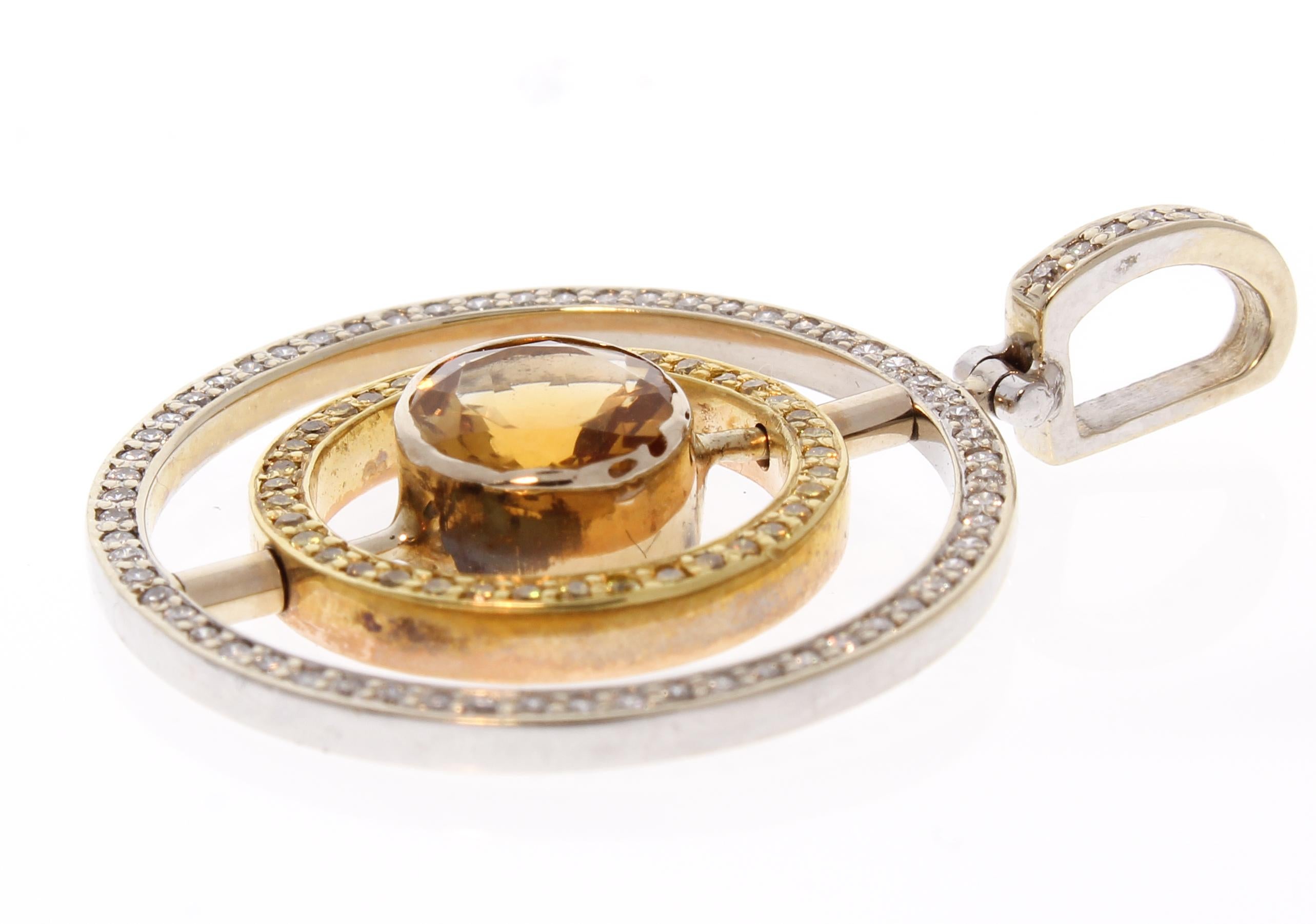 Contemporary 0.59 Carat Citrine and Diamond Two-Tone Pendant in 18 Karat Gold For Sale