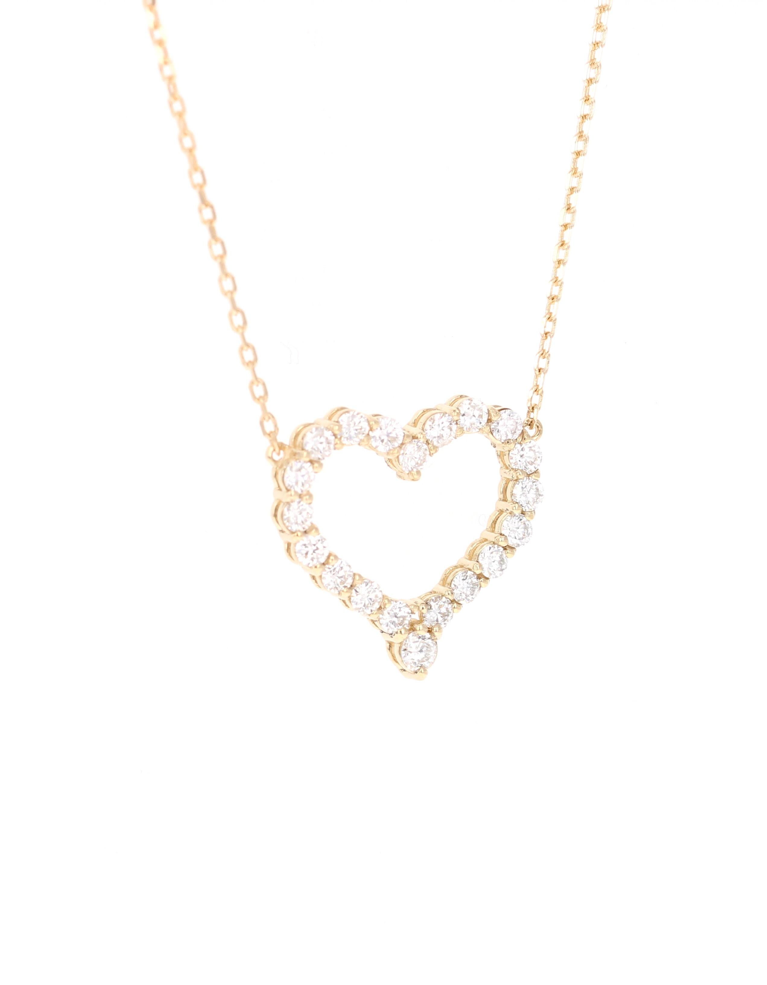 This beautiful and classy Heart pendant has 20 Round Cut Diamonds (Clarity: SI, Color: F) that weigh 0.59 Carats. 

It is beautifully curated in 14 Karat Yellow Gold and weighs 2.2 grams and is approximately 16.5 inches long.  The chain and pendant