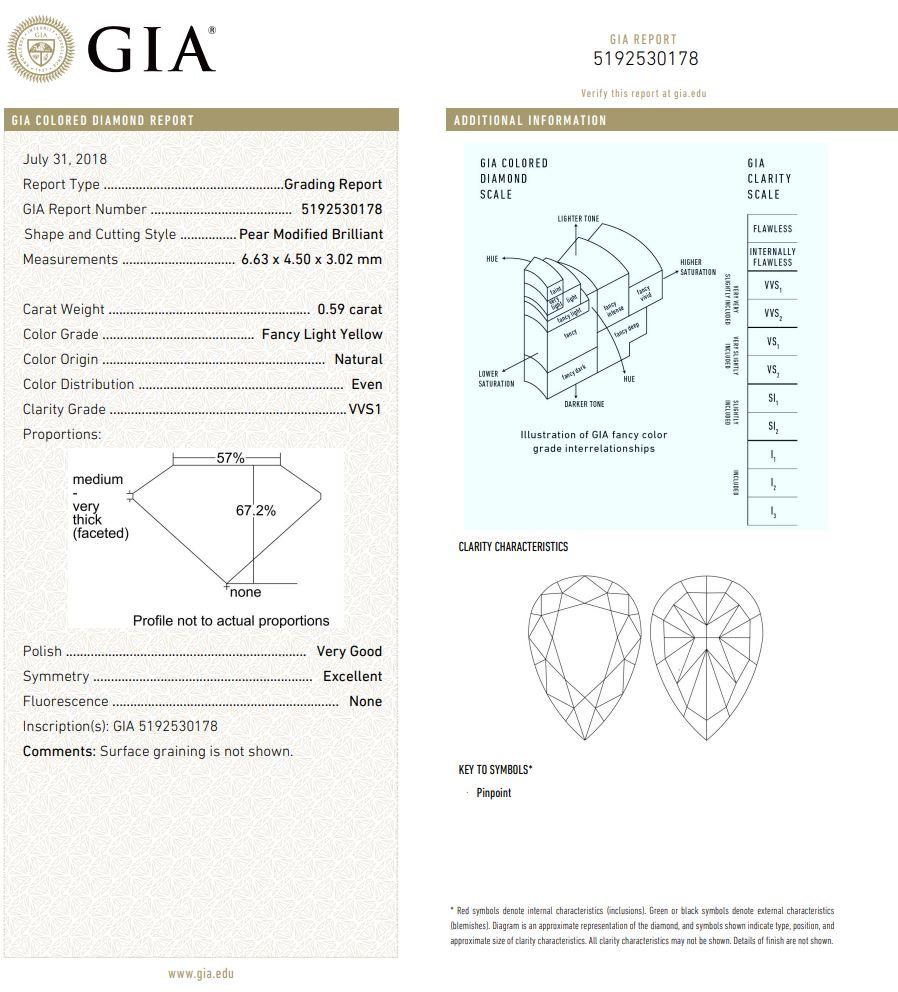 0.59 Carat Fancy Light Yellow Pear cut diamond VVS1 Clarity GIA Certified For Sale 1
